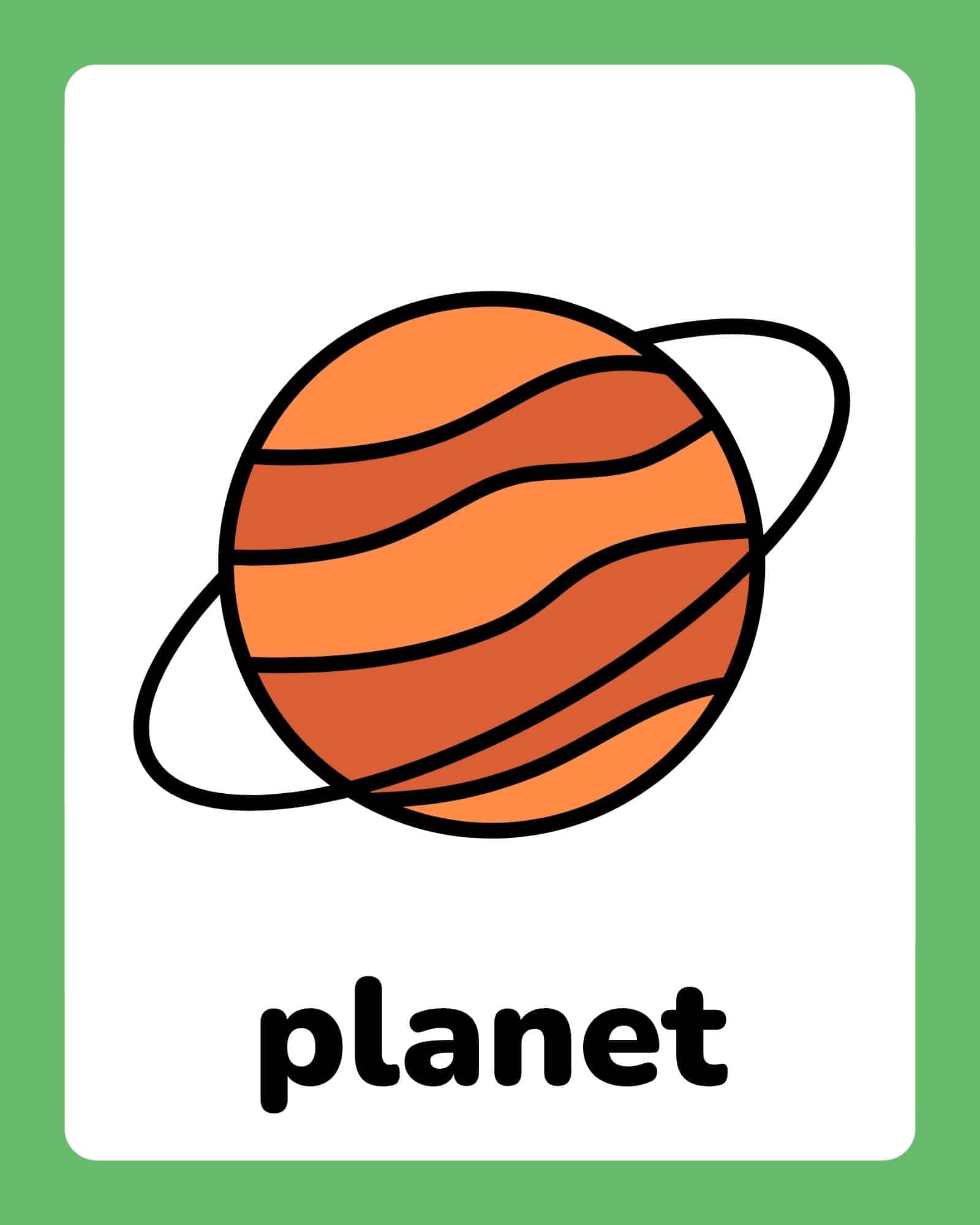A stylized orange and red striped planet with a black ring centered on a white card framed by a green border and the word 'planet' below.