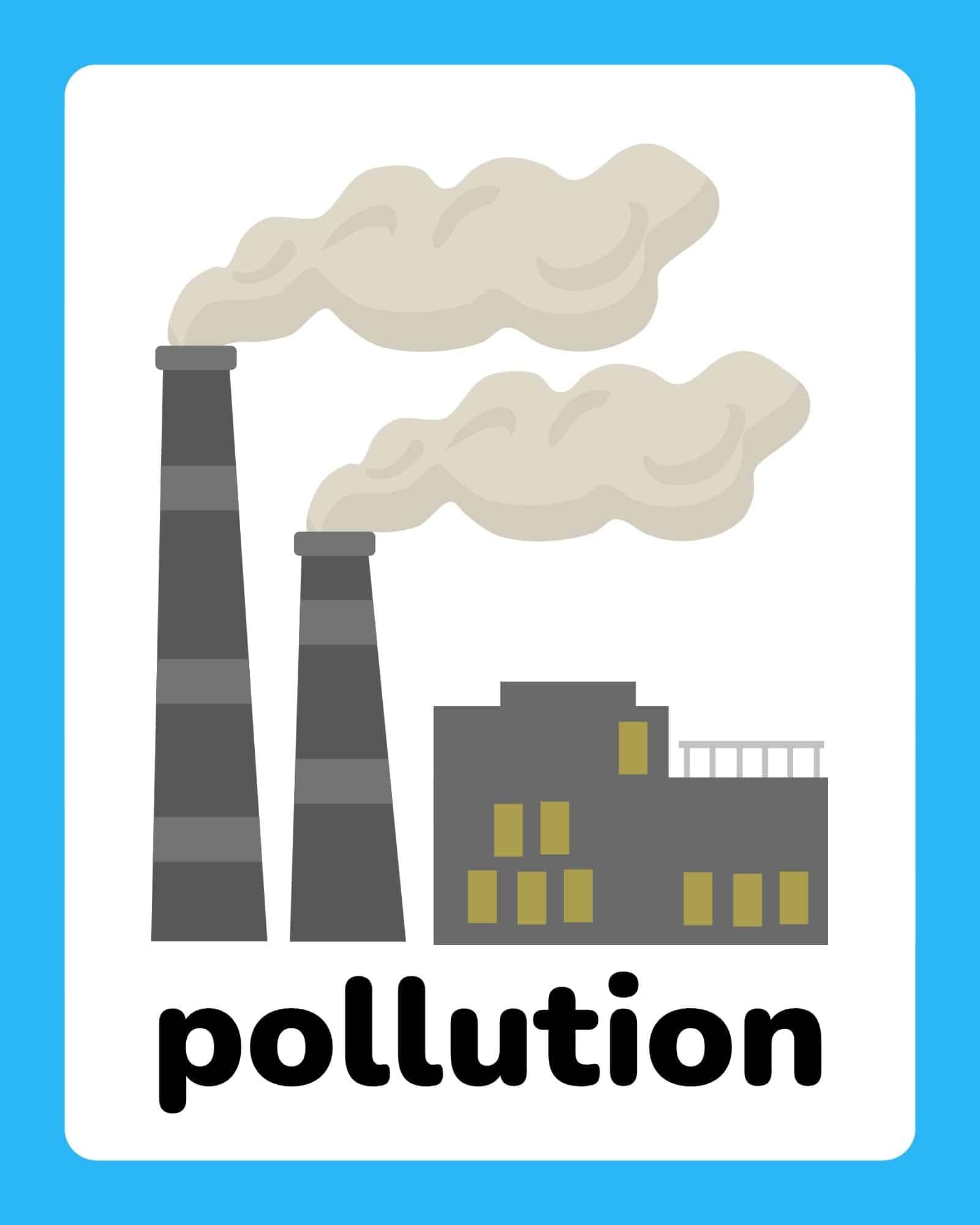Two tall factory smokestacks and a building emitting thick gray smoke above the word “pollution” on a blue-bordered card.