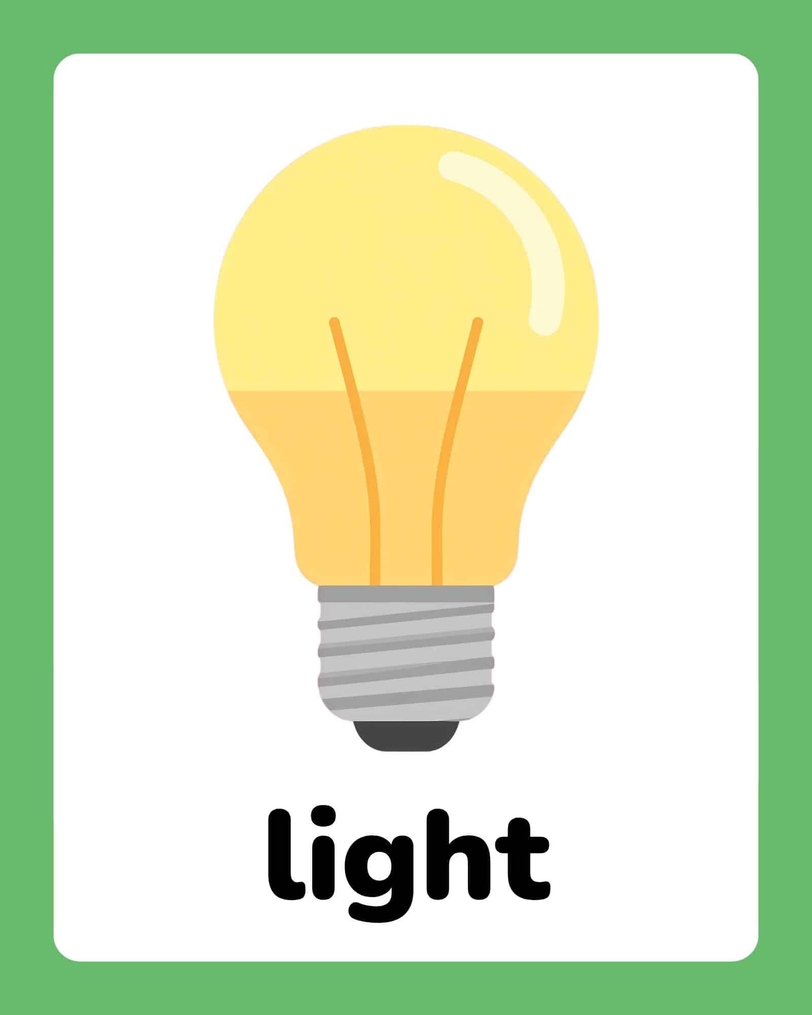 Yellow lit incandescent-style light bulb illustration centered on a white card with rounded corners and a green border, labeled 'light'.