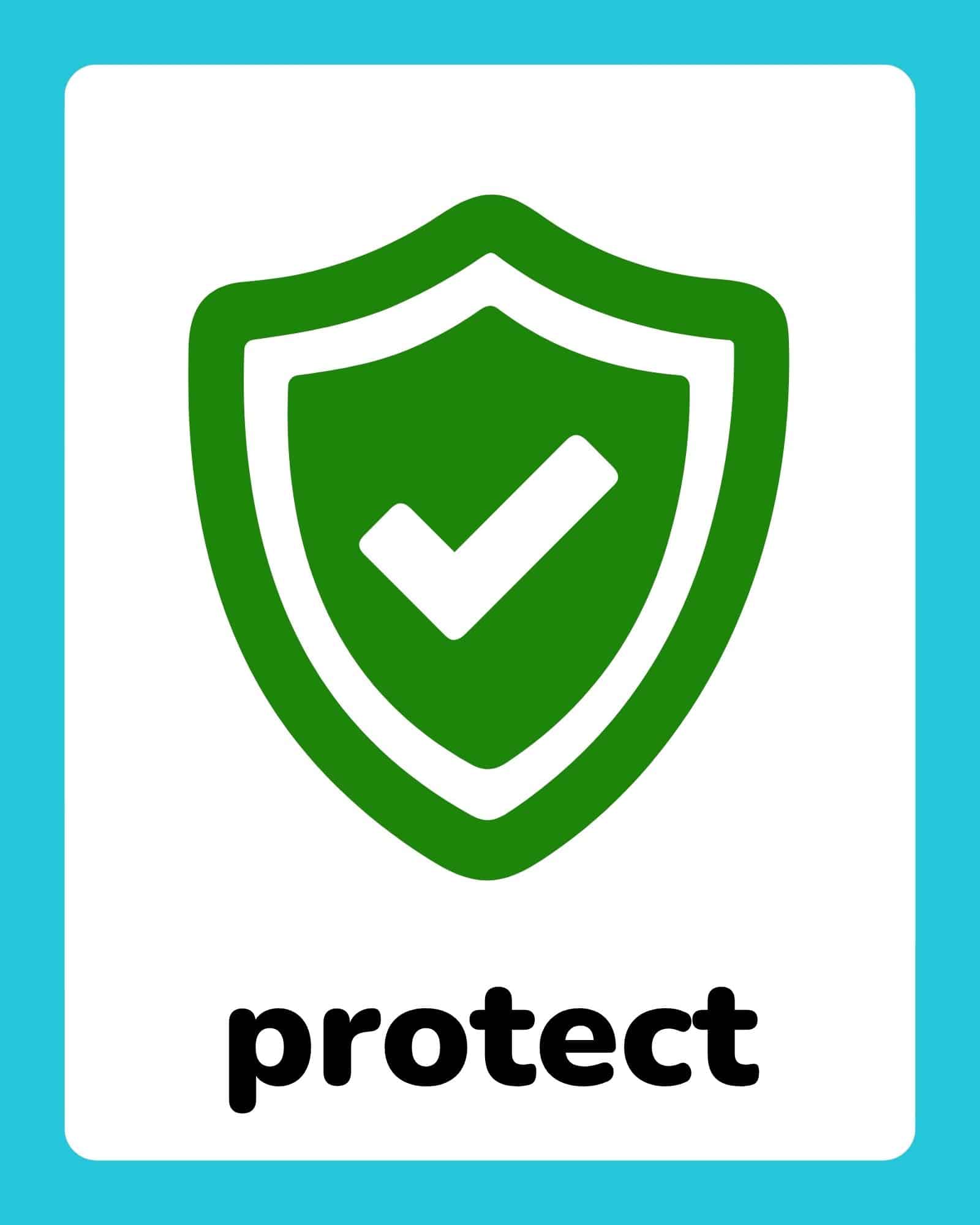Green shield with a white checkmark centered above the bold word “protect” on a white card with a turquoise border.