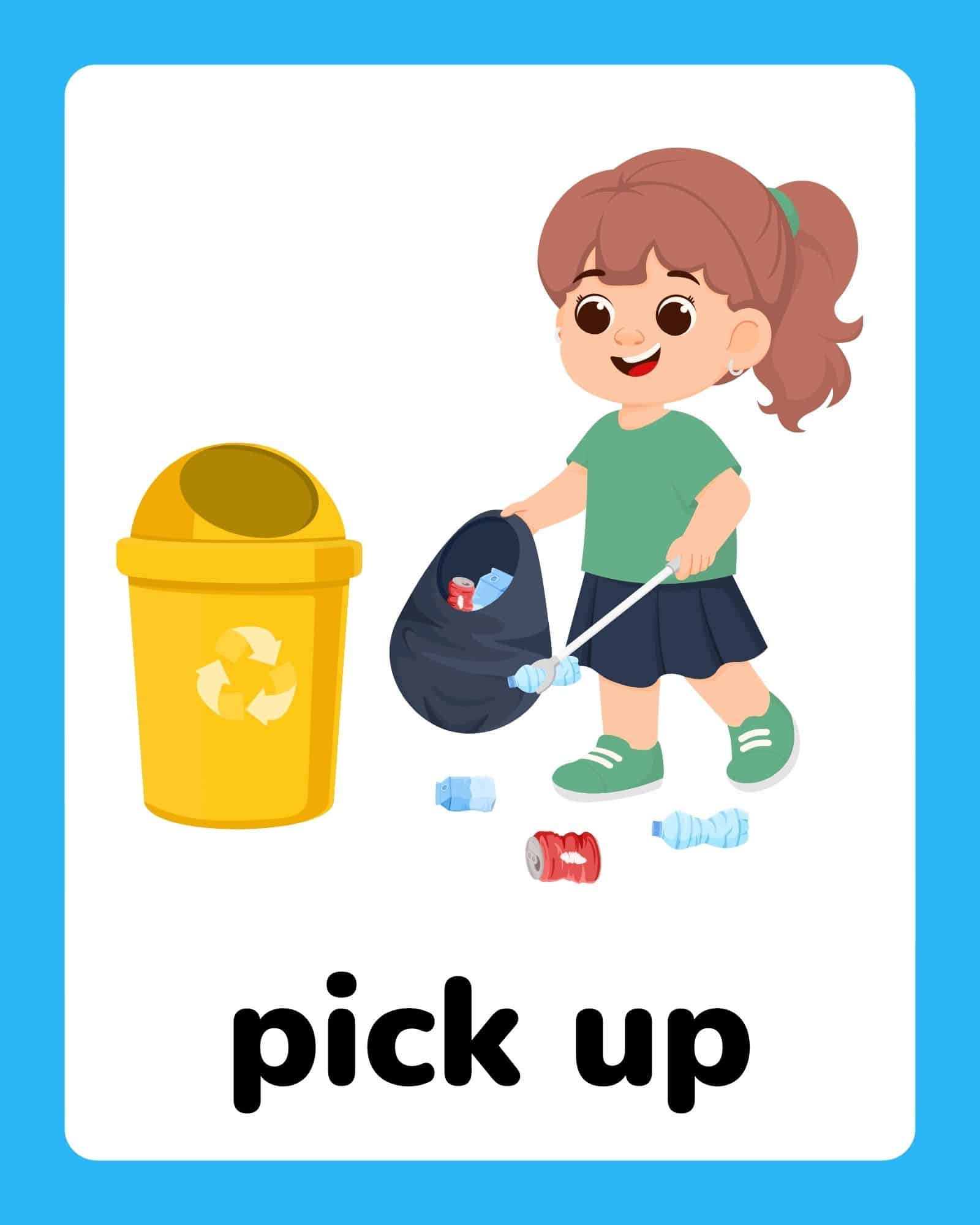 A smiling girl uses a grabber to pick up plastic bottles and a can beside a yellow recycling bin on a white card with blue border.