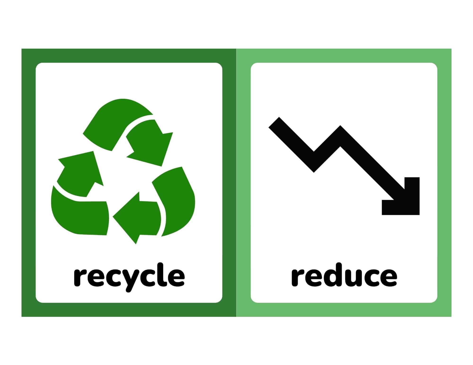 Two green-framed panels side by side: left shows a green recycling symbol and the word 'recycle', right shows a black downward zigzag arrow and the word 'reduce'.