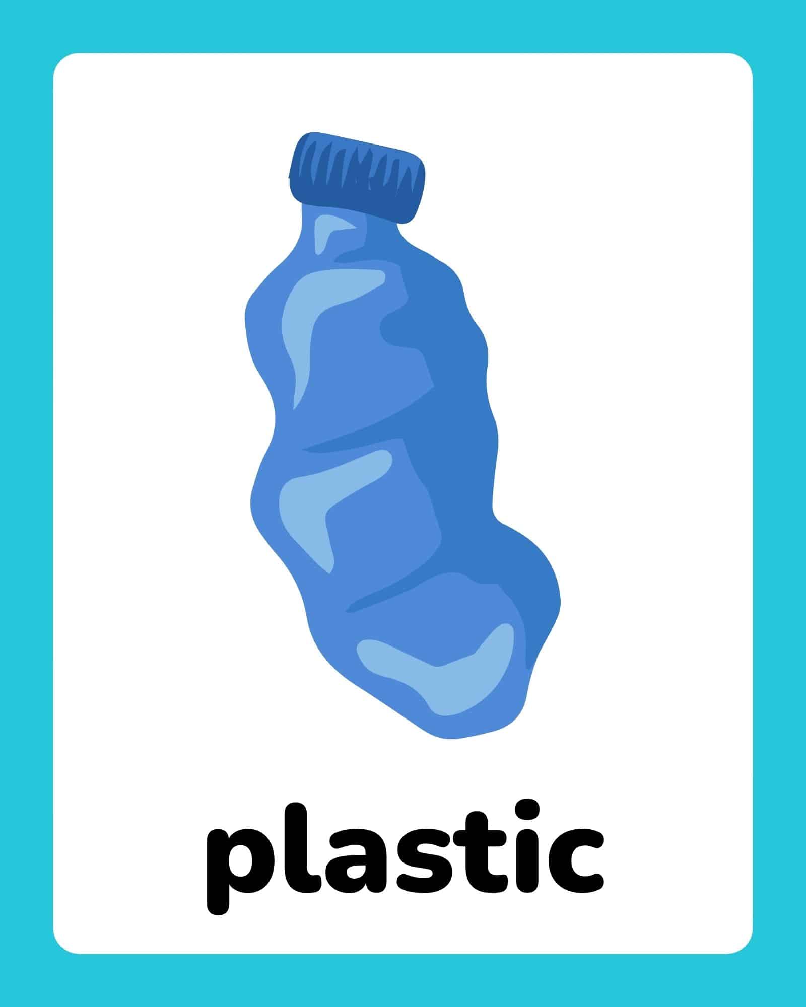 A stylized crumpled blue plastic bottle with a dark blue cap centered above the word 'plastic' on a white card with a teal border.