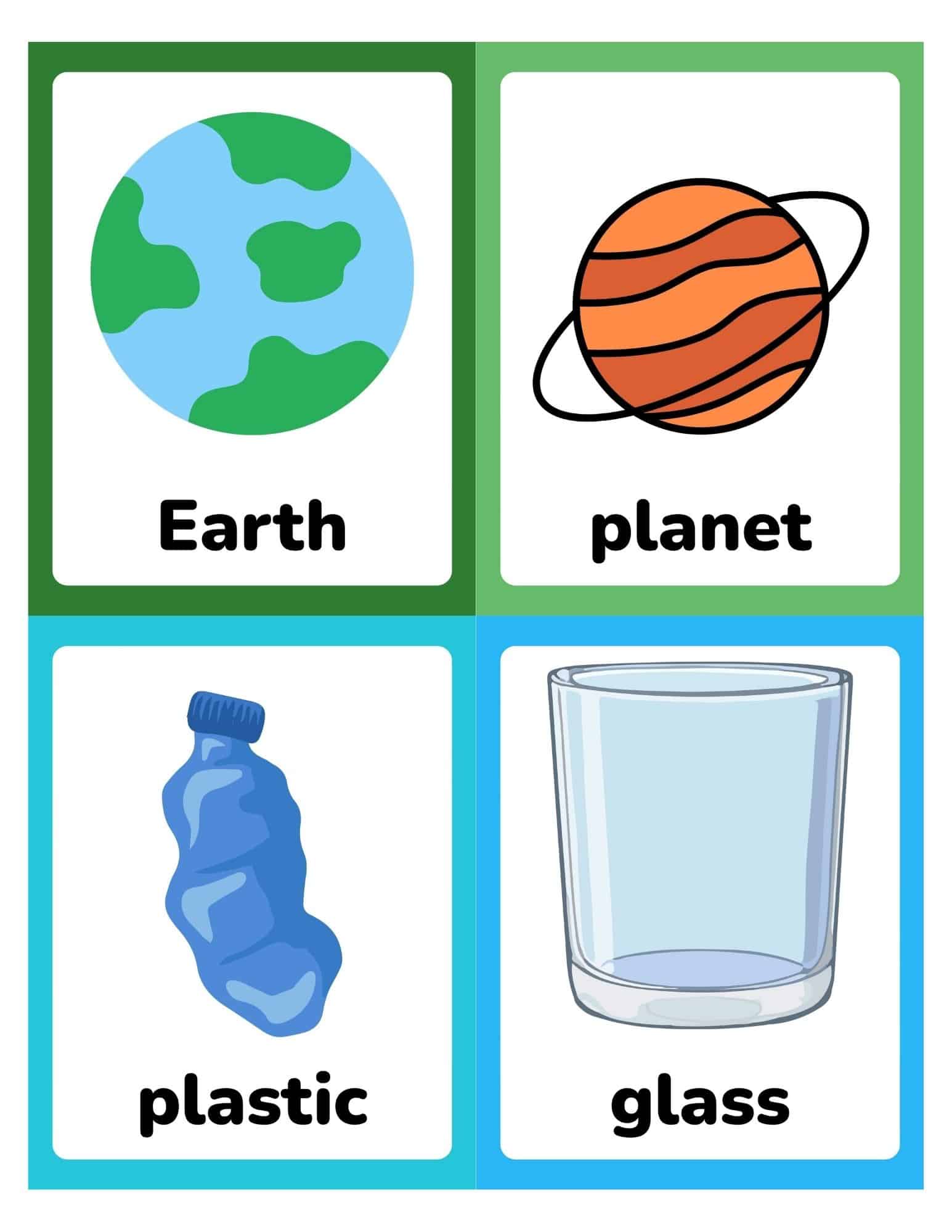 Four colorful flashcards arranged two-by-two showing Earth, a striped planet, a crumpled plastic bottle, and a drinking glass with labels.