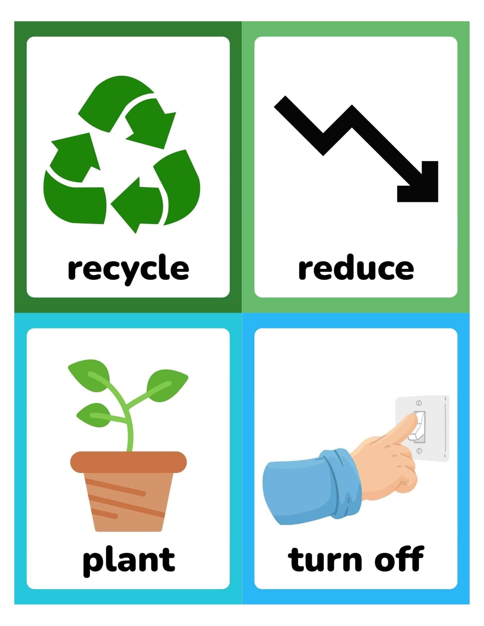 Four colored cards with icons and labels: green recycle symbol, black downward arrow for reduce, potted plant, and hand flipping a light switch.
