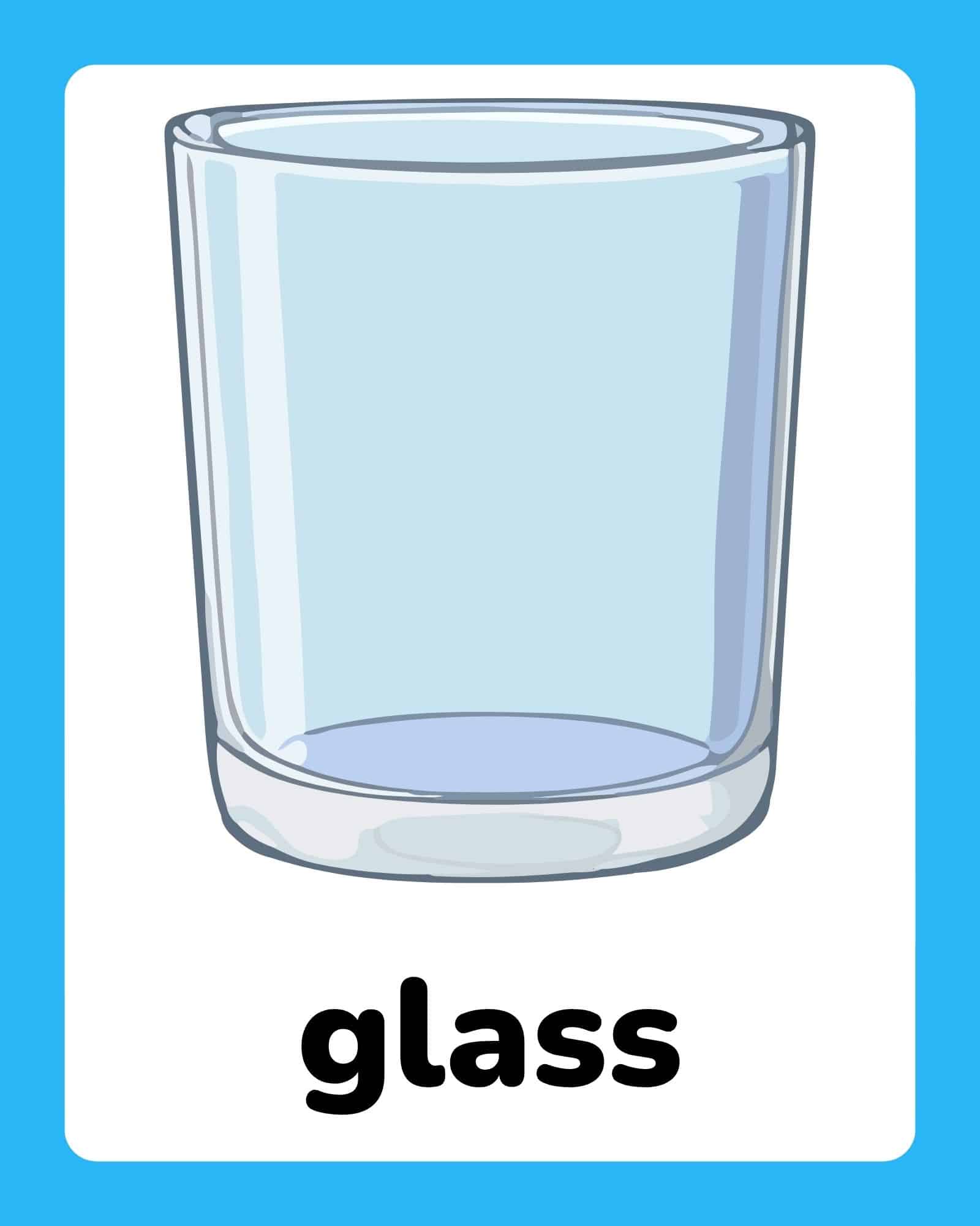Simple light-blue tinted drinking glass centered on a white card with a thick blue border and the word 'glass' below.