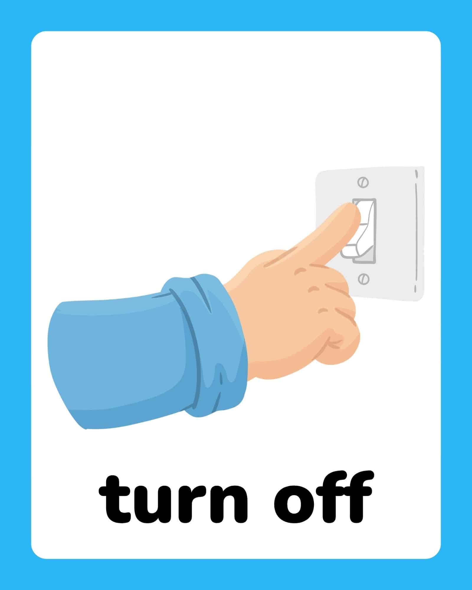 A hand with a blue-sleeved arm flipping a white wall light switch to the off position against a white background.
