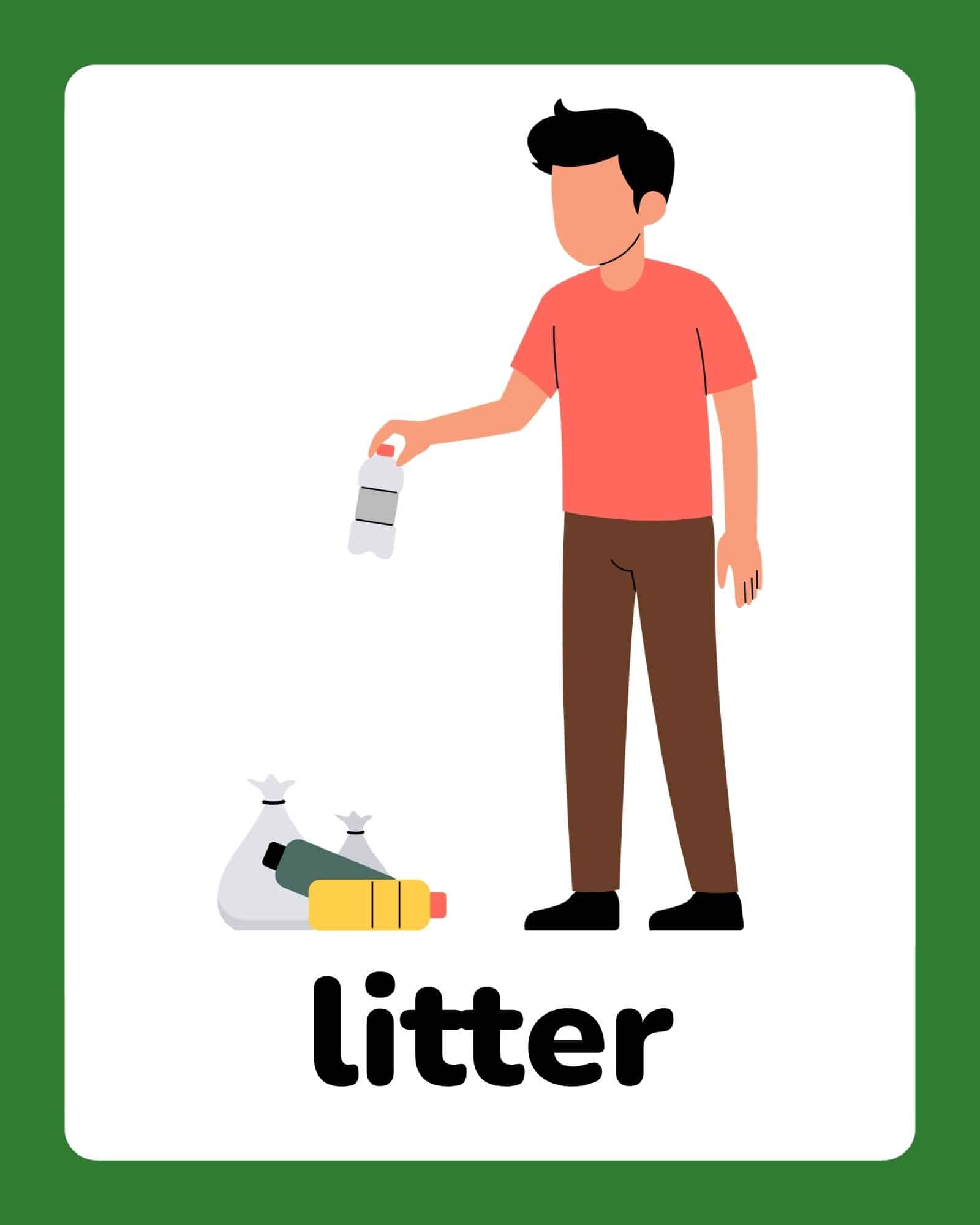 Person holding a small plastic bottle over trash on ground with two tied white bags and a yellow bottle nearby, green border.