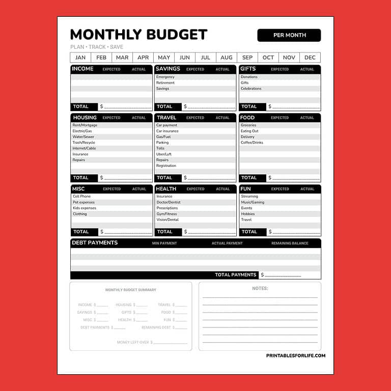 Free Monthly Budget Template Printable PDF for Personal Finance