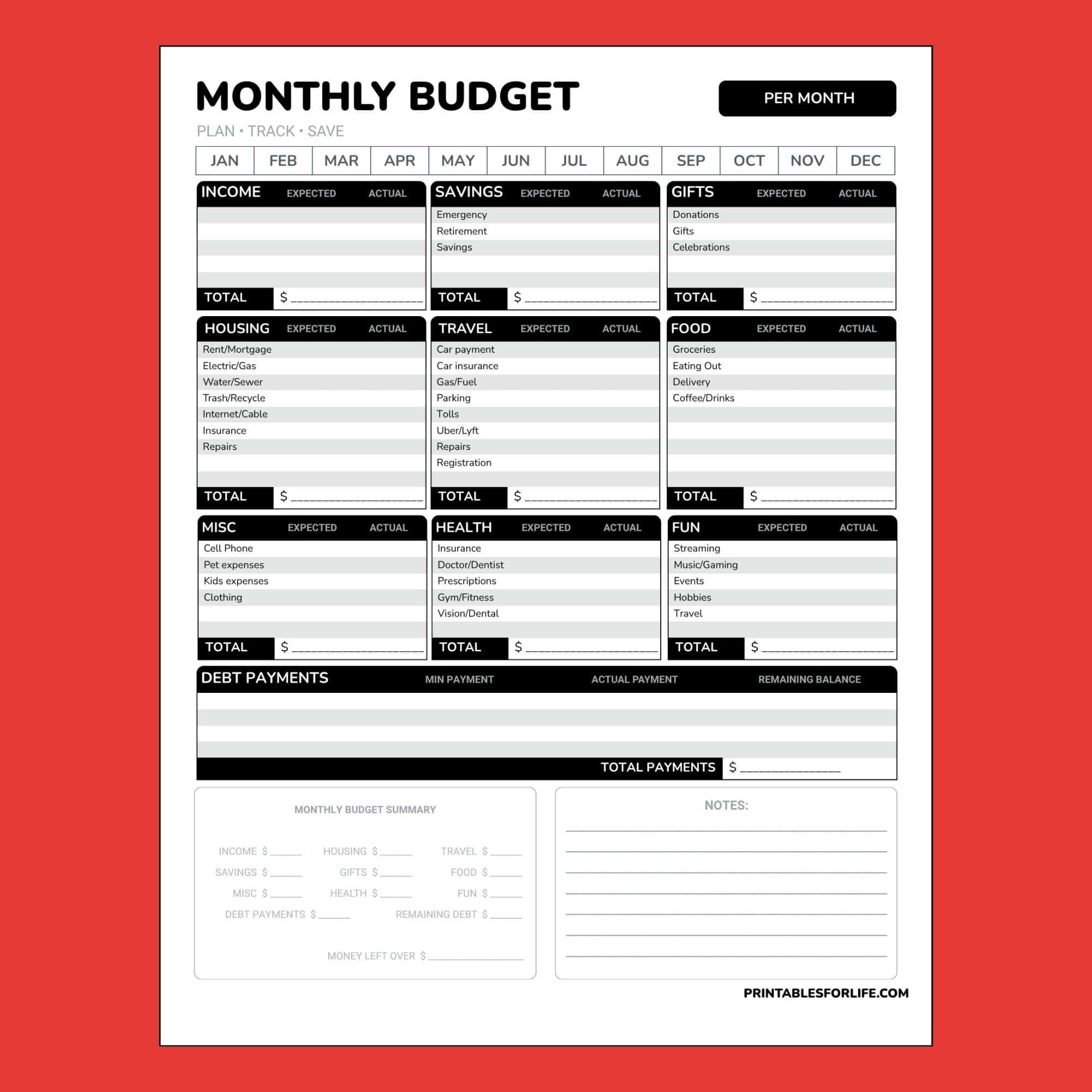 Monthly budget worksheet with labeled sections for income, savings, housing, travel, food, debts, and totals.