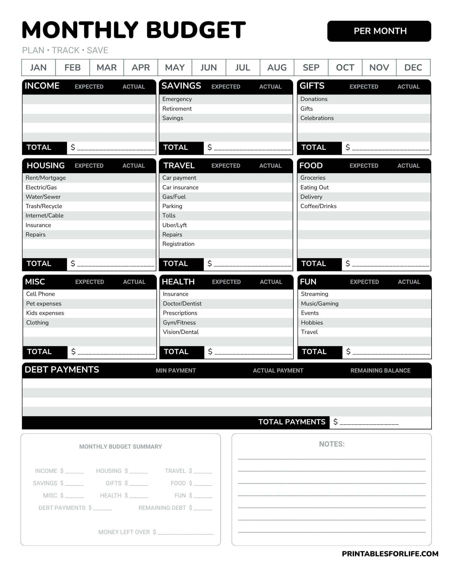 Black-and-white monthly budget worksheet with labeled boxes for income, savings, housing, food, travel, debts, and notes.