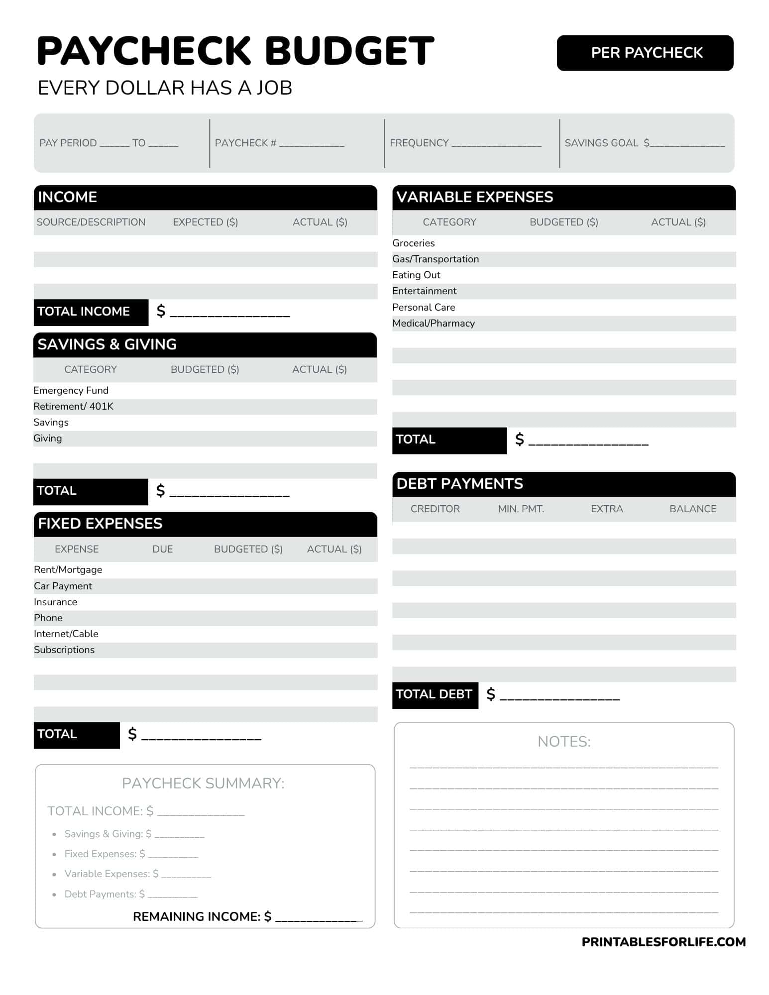 Black-and-white paycheck budget worksheet titled 'PAYCHECK BUDGET' with sections for income, savings, fixed and variable expenses, debt payments, and summary.