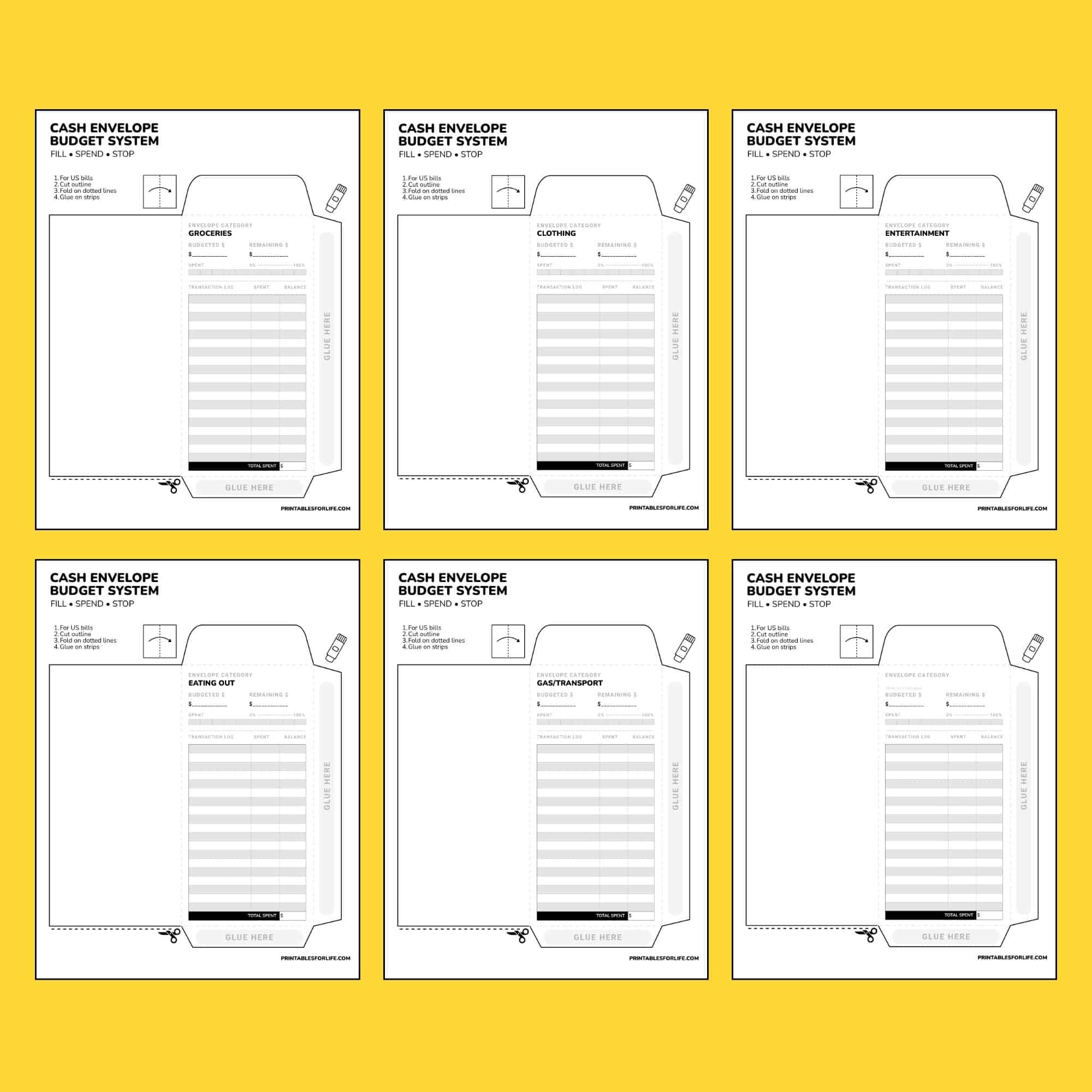Six identical cash envelope budget template pages with tabs and transaction logs arranged in a 3x2 grid on a yellow background.