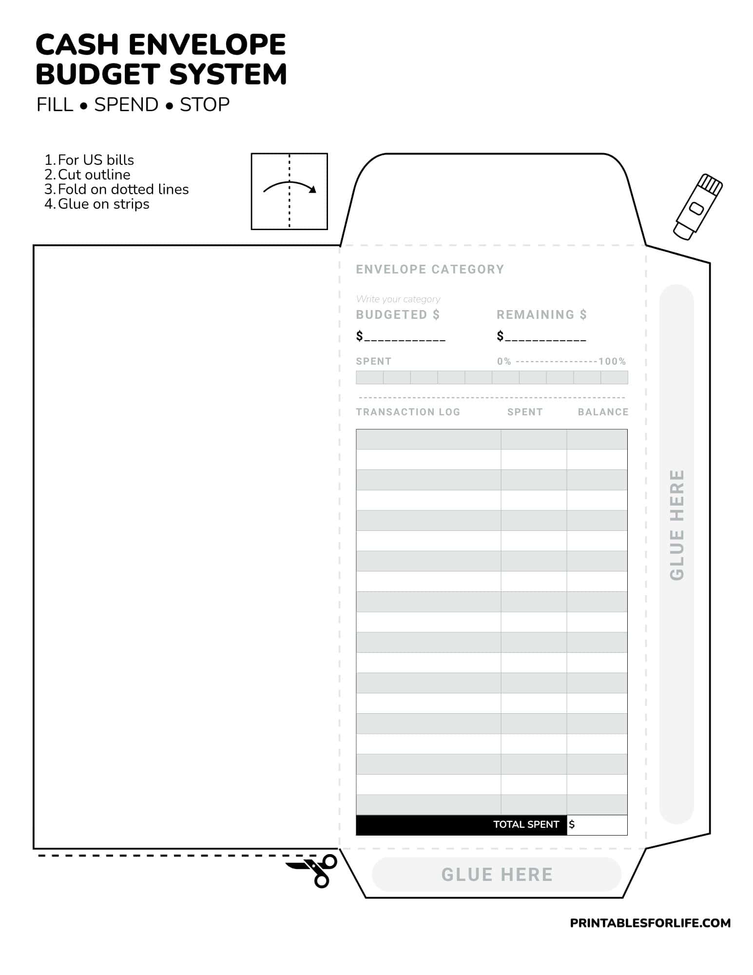 Printable cash envelope template with labeled budget fields, transaction log, glue tabs, and fold/cut guides in grayscale.