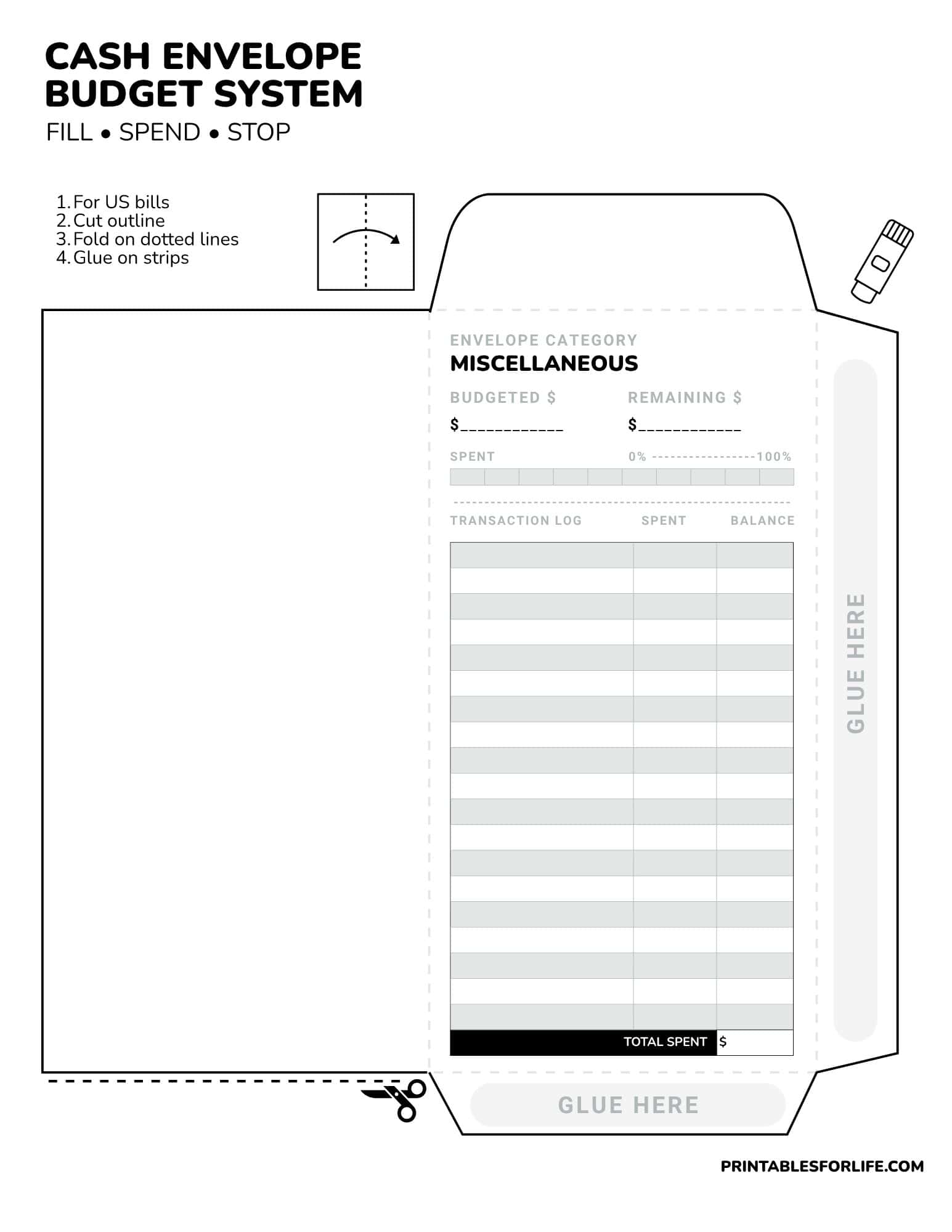 A black-and-white cash envelope template with fold-and-glue tabs, budget fields, transaction log, progress bar, and title text at top.