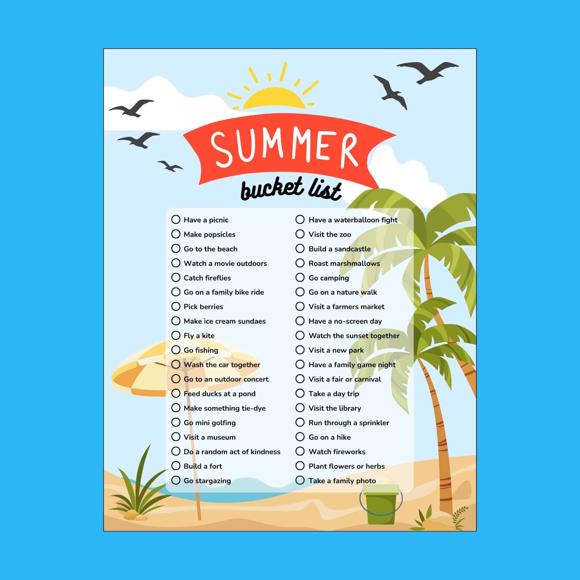 Bright summer-themed checklist poster with a red banner reading ‘SUMMER’ above two columns of bucket-list items and beach graphics.