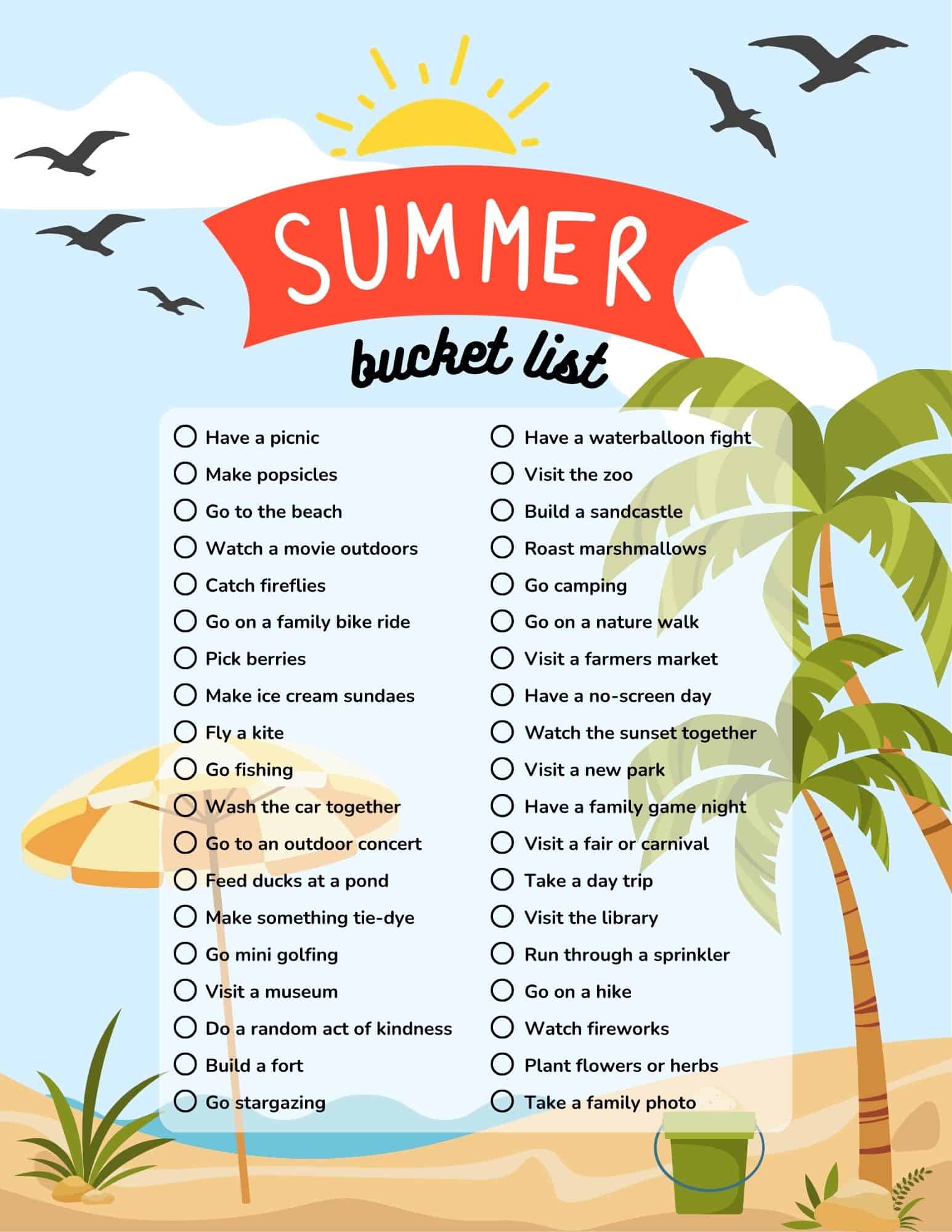 Bright summer bucket list poster with sun, palm trees, beach umbrella, and two-column checklist of activities.