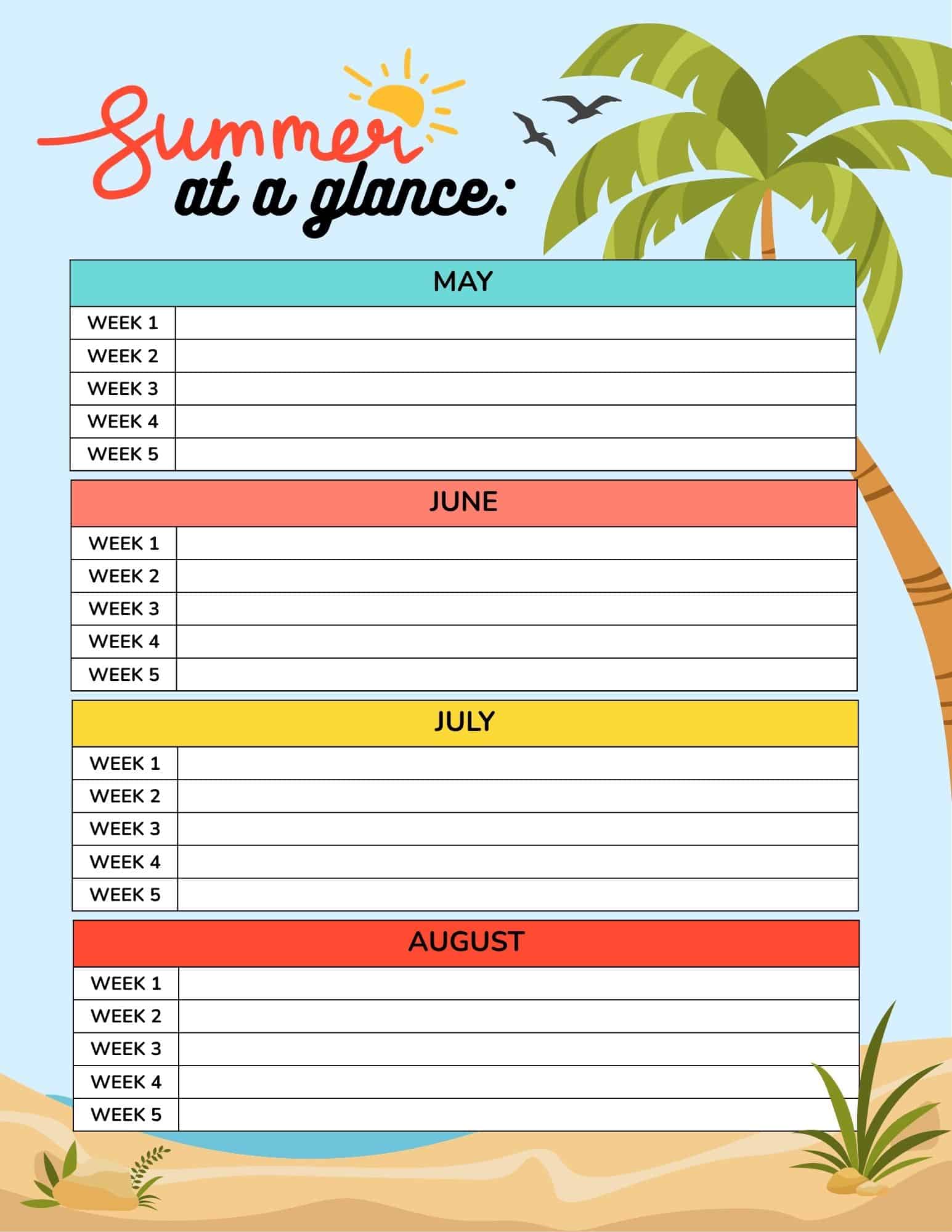 Summer planner with four colored month sections (May, June, July, August) each listing five weekly rows on a beach-themed background.