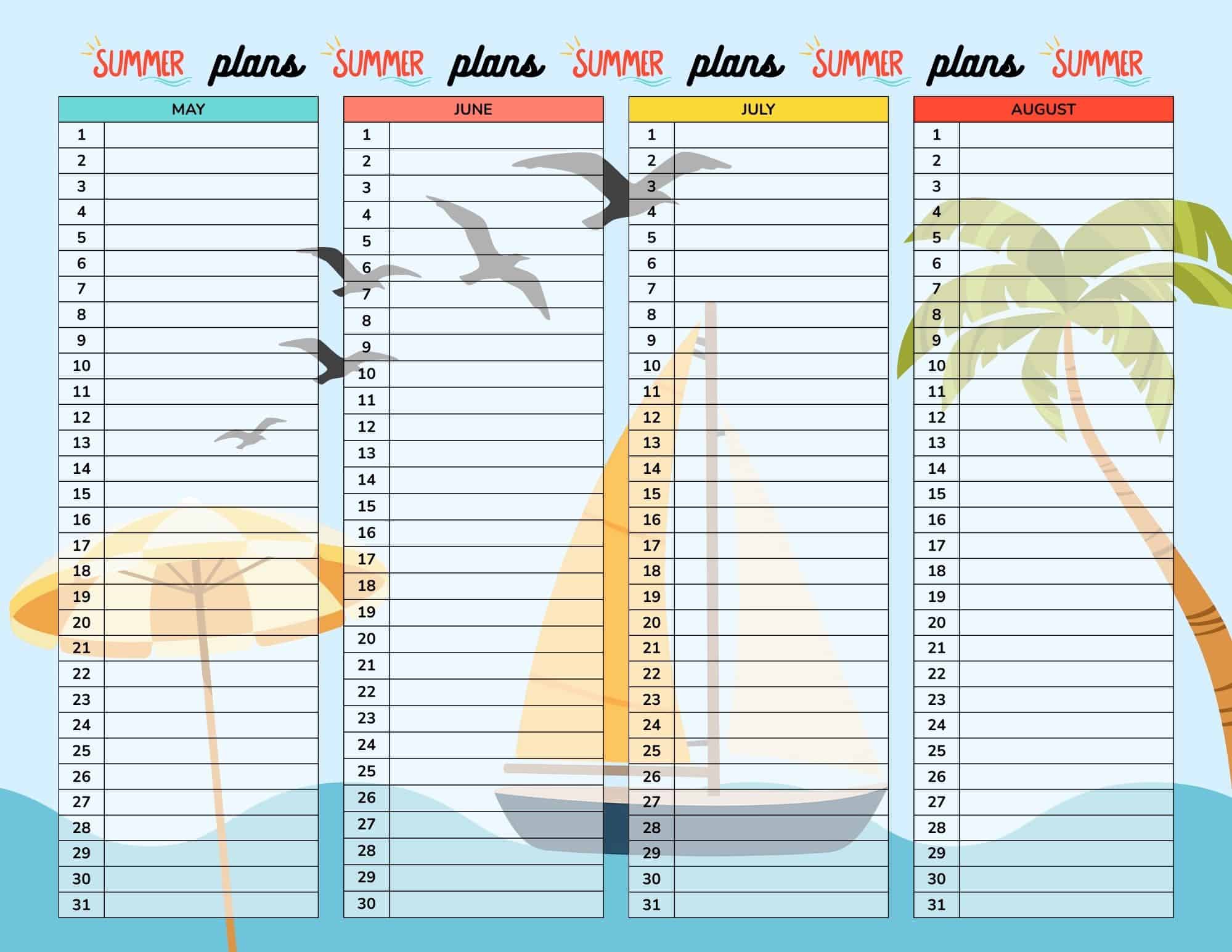 Four-column summer planner with May, June, July, and August dated vertical lists over a beach-themed background.
