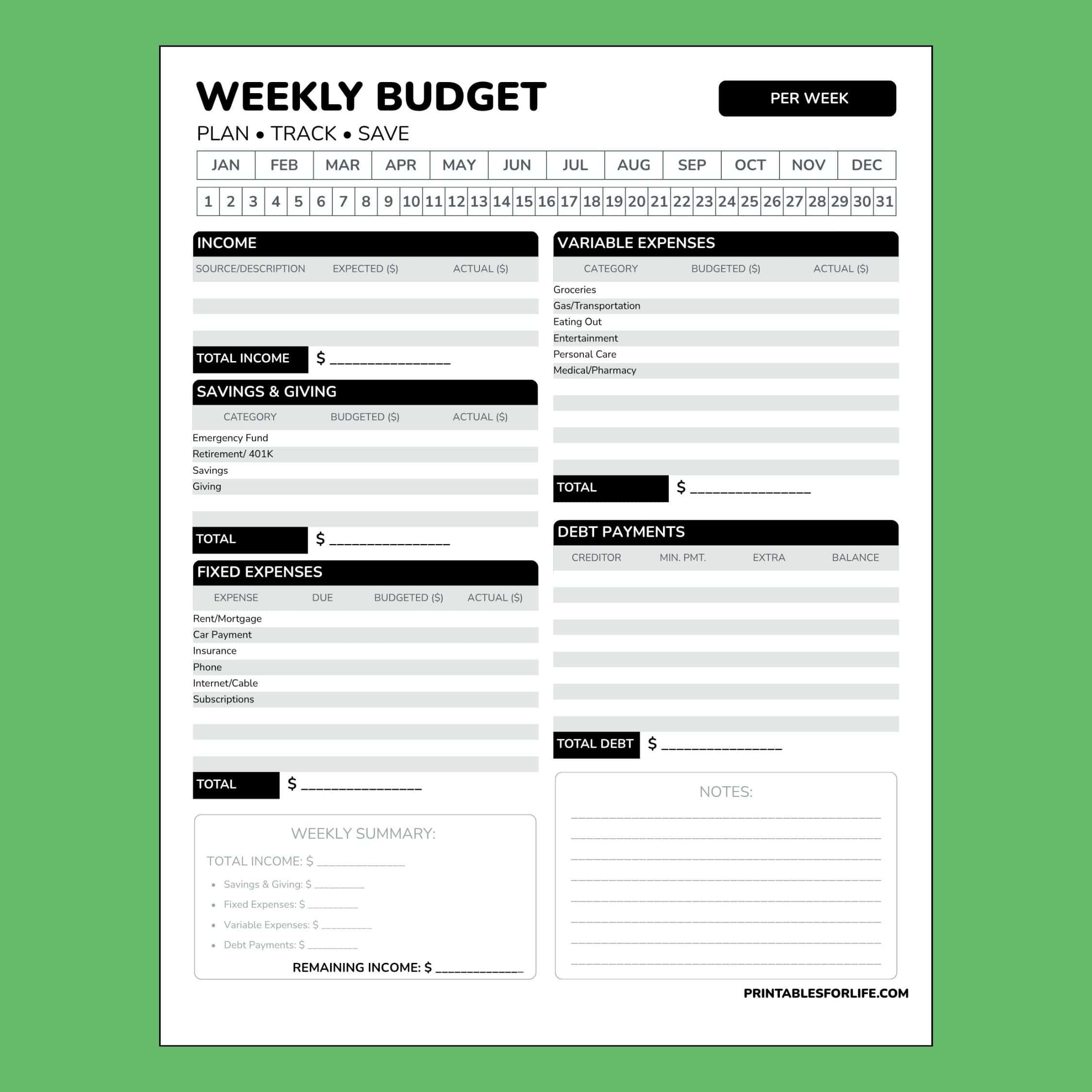 Printable weekly budget worksheet with sections for income, savings, fixed and variable expenses, debt payments, and notes.