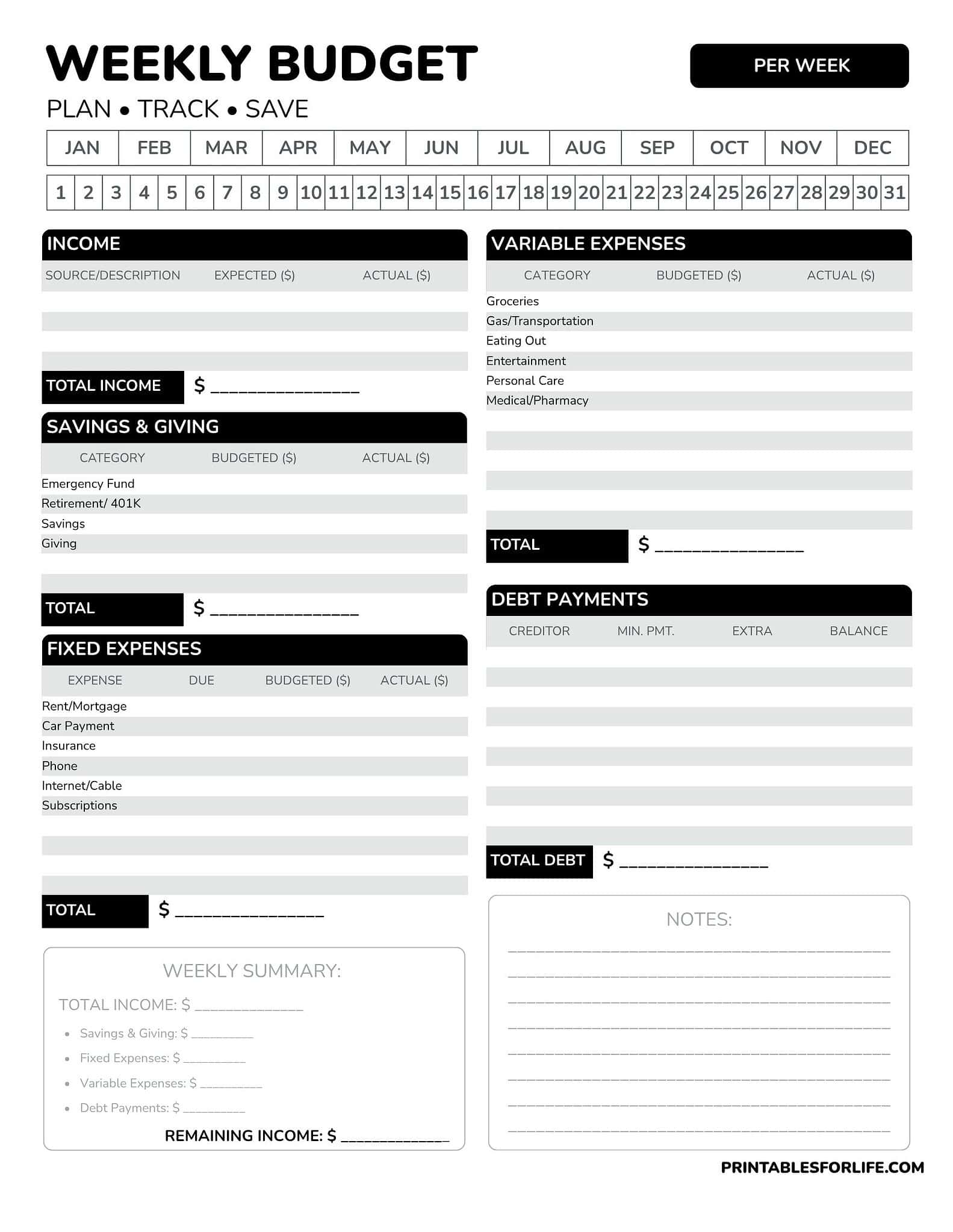 Weekly Budget Template Free Printable PDF Budget Planner