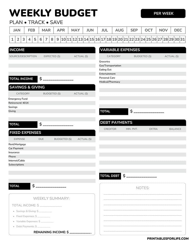Weekly Budget Template Free Printable PDF Budget Planner