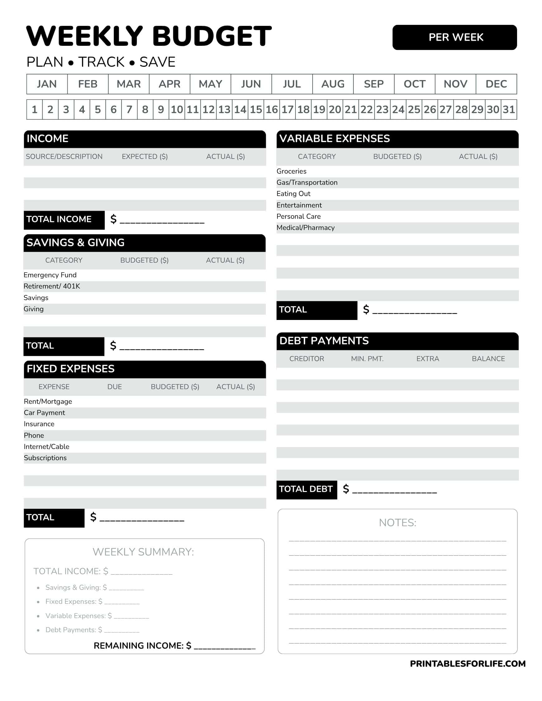 Black-and-white weekly budget worksheet with sections for income, savings, fixed and variable expenses, debt payments, and notes.