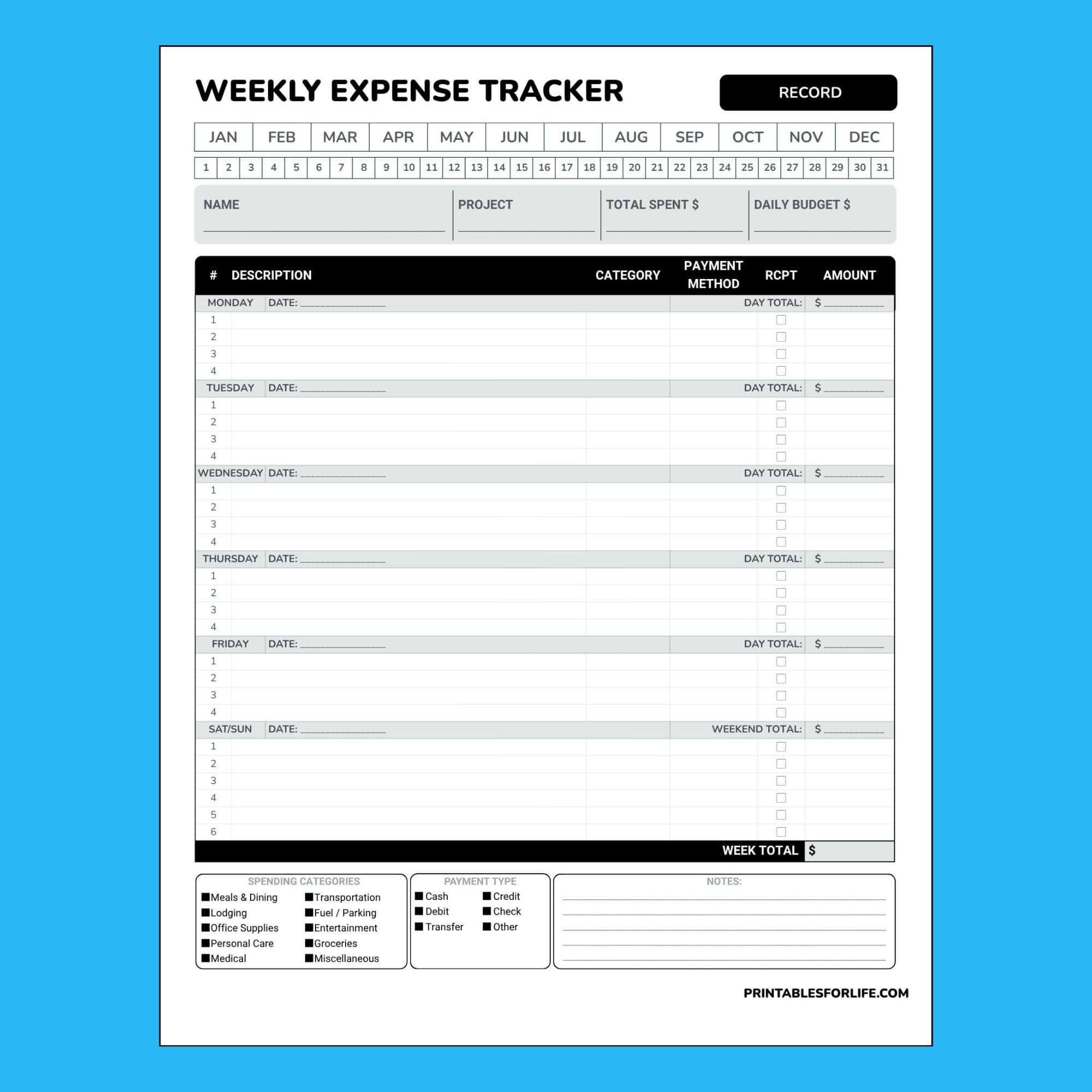 Weekly expense tracker form with days of week rows, date boxes, amount columns, and category checkboxes.