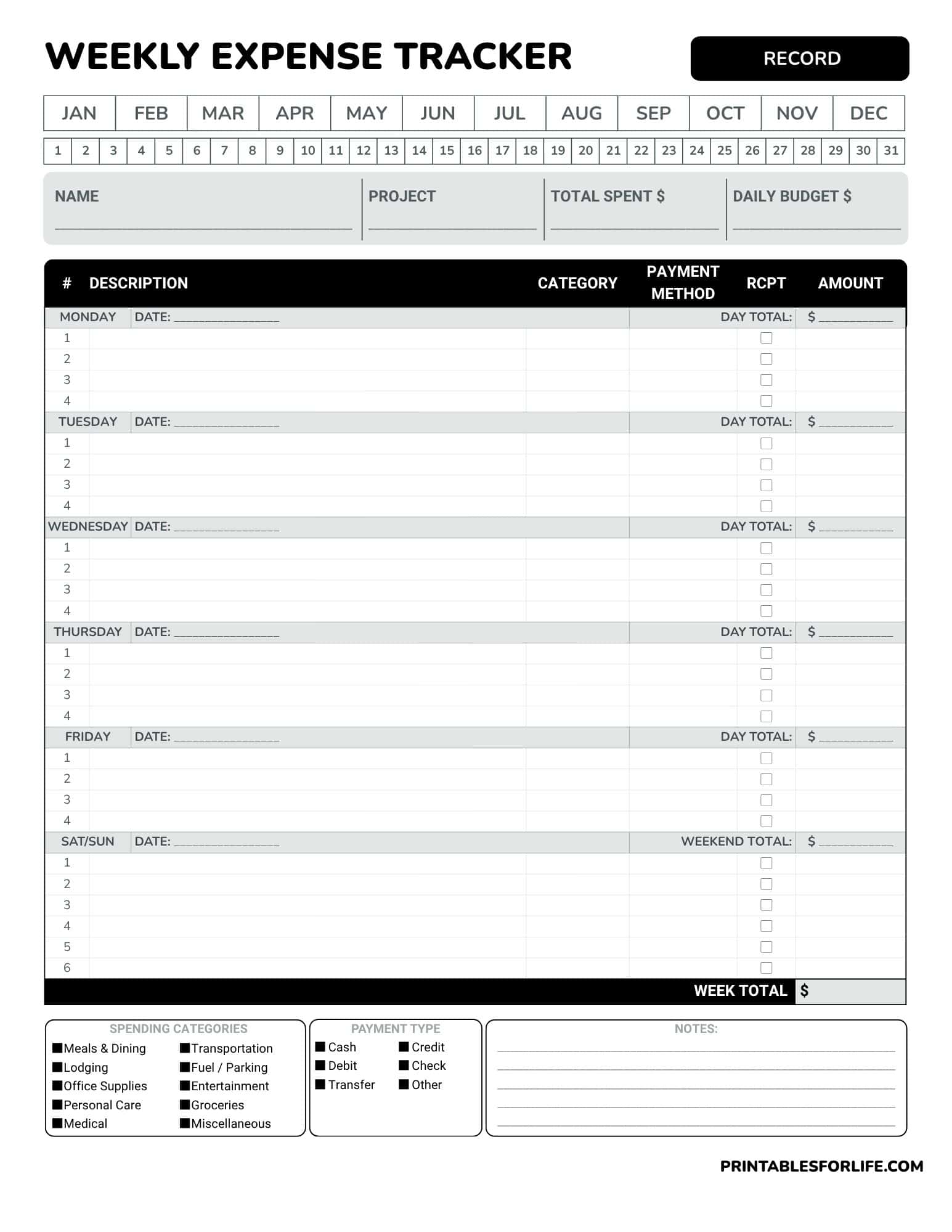 Black-and-white weekly expense tracker with month and day boxes, weekday rows, category/payment columns, and totals.