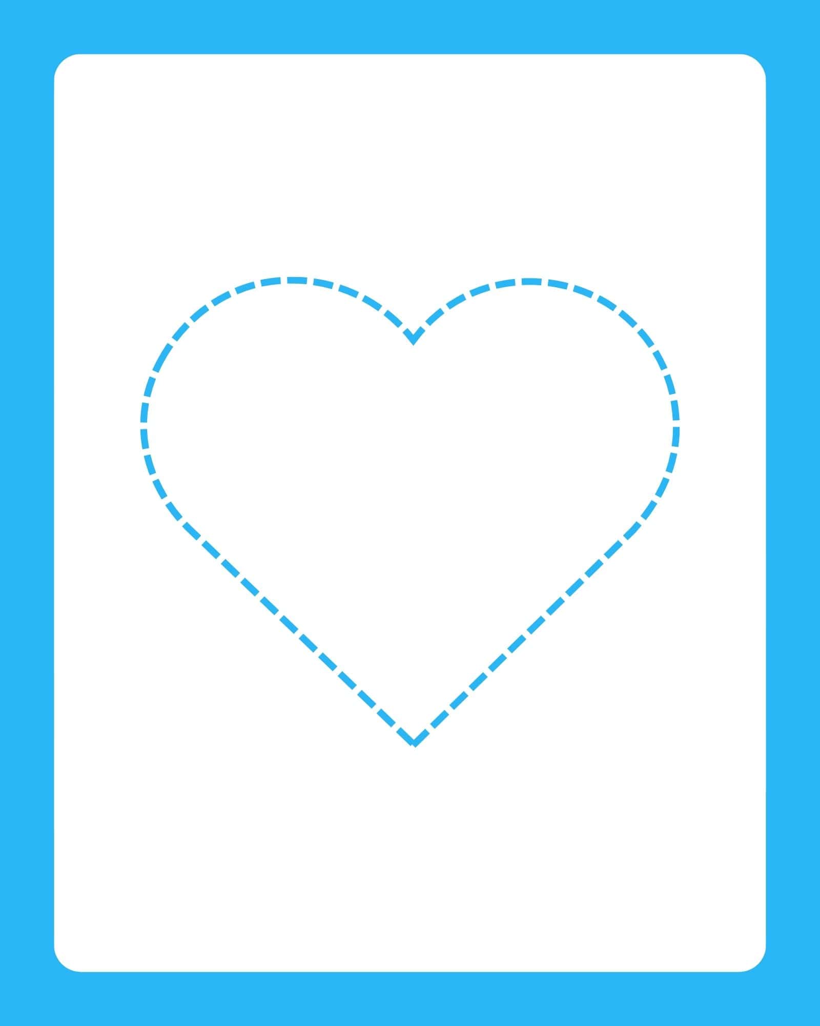 White vertical sheet with a large dashed cyan heart outline centered on a rounded-corner cyan-bordered page.