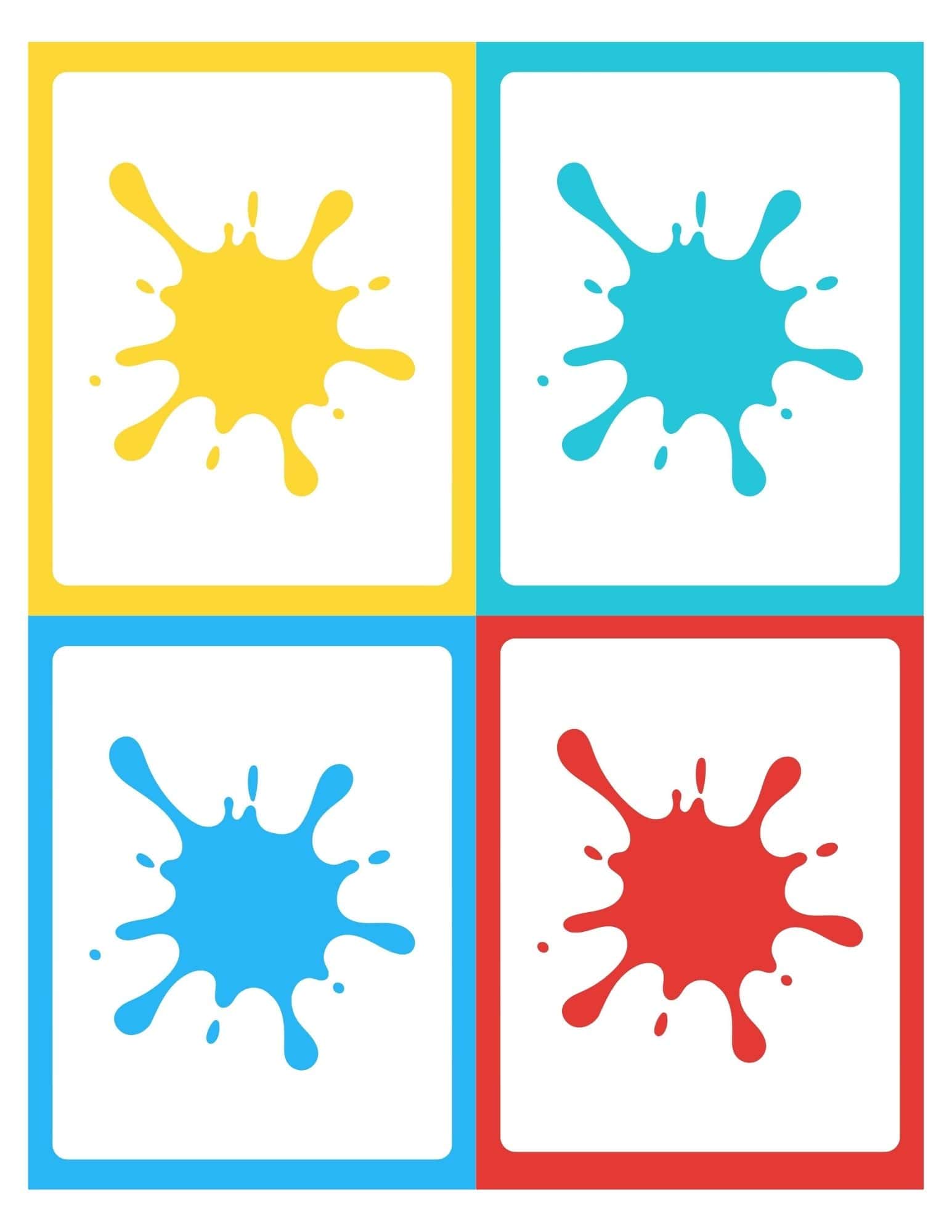 Grid of four rounded cards arranged two-by-two, each with a white center and a colorful paint splatter (yellow, teal, blue, red).