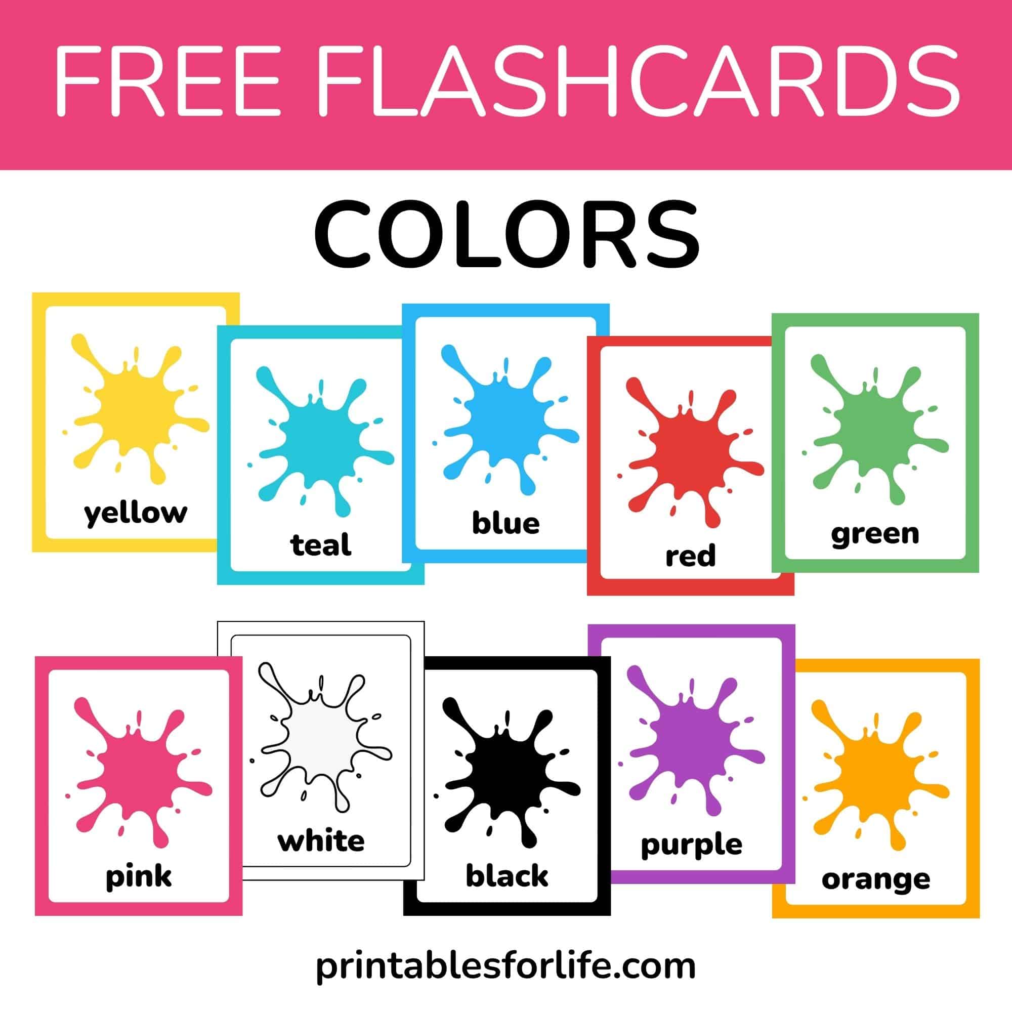 Bright educational flashcards showing color splashes labeled with color names arranged in overlapping rows.
