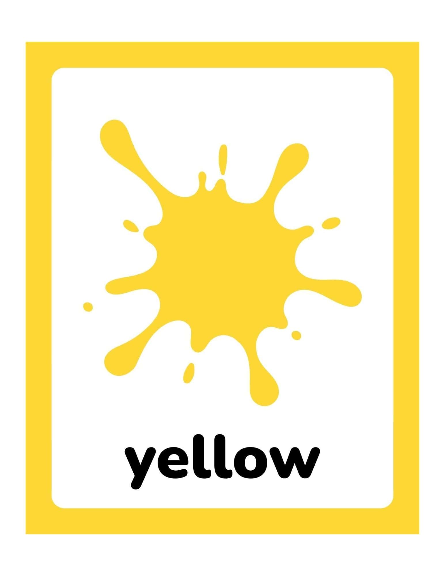 A white card with a thick yellow border, a large yellow paint splatter centered above the bold word “yellow.”