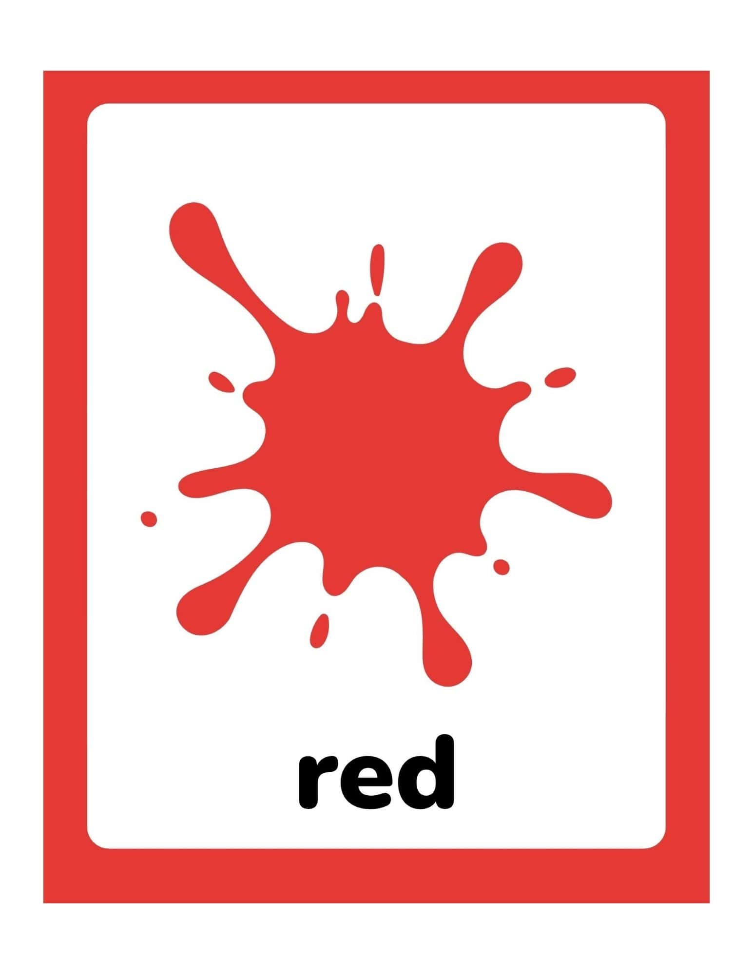 White flashcard with red border showing a large red paint splatter graphic above the word 'red' in bold black lowercase letters.