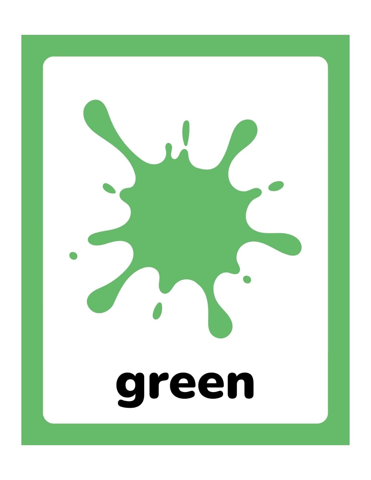 White flashcard with a green paint splatter graphic centered above the bold word 'green' and a thick green border.