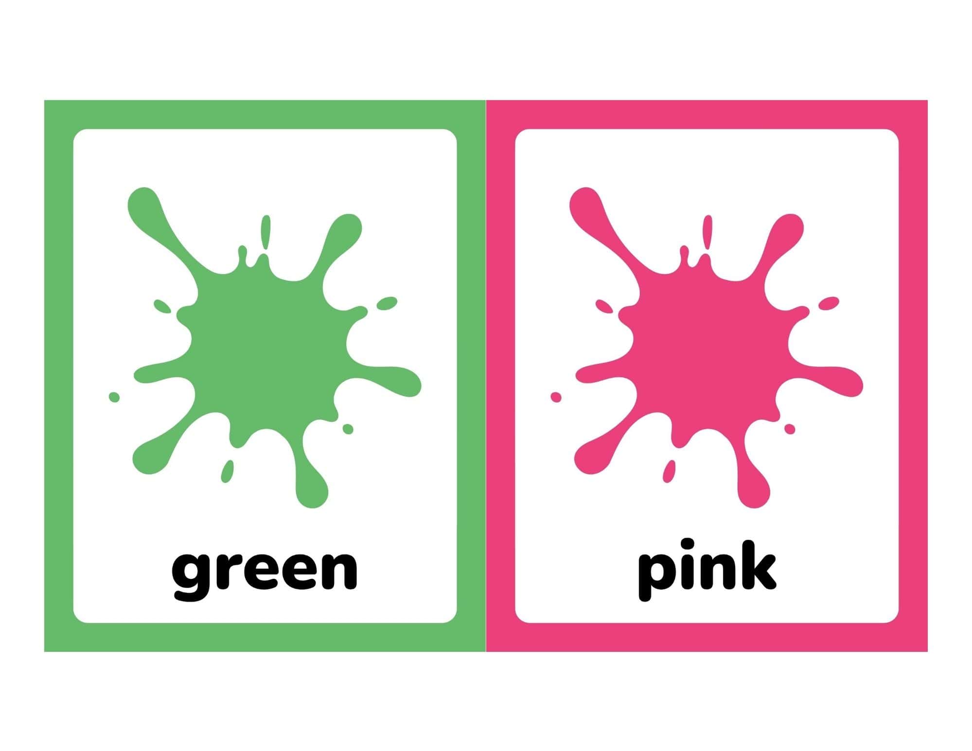 Two adjacent rectangular flashcards showing green and pink paint splatters with their color names beneath.