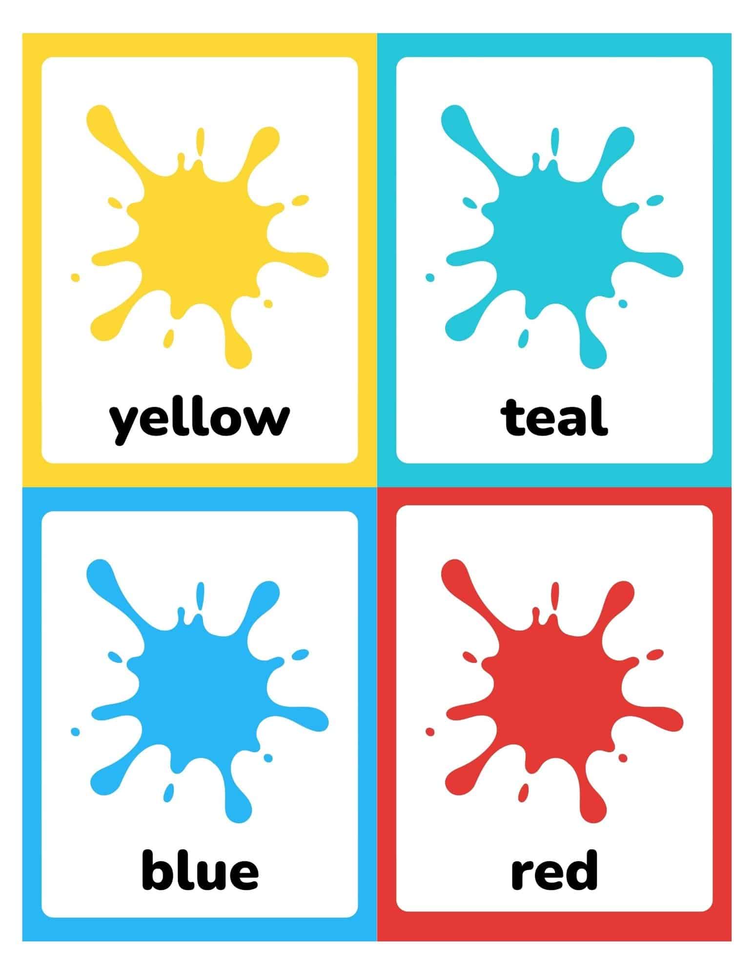 Four rectangular flash cards arranged in a 2x2 grid showing yellow, teal, blue, and red paint splashes with color names beneath.