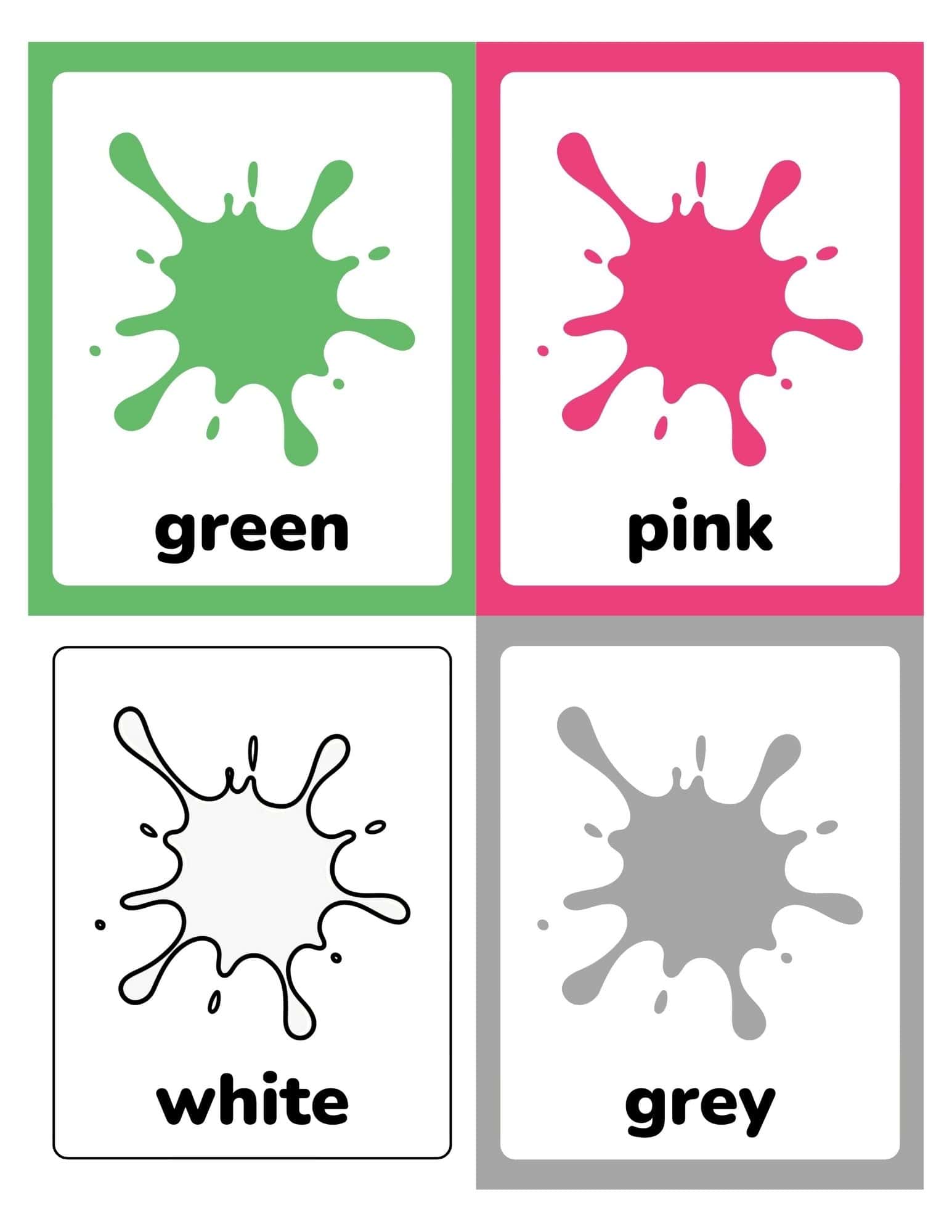 Four rectangular flashcards arranged in two columns showing colorful paint splats labeled green, pink, white, and grey with matching borders.