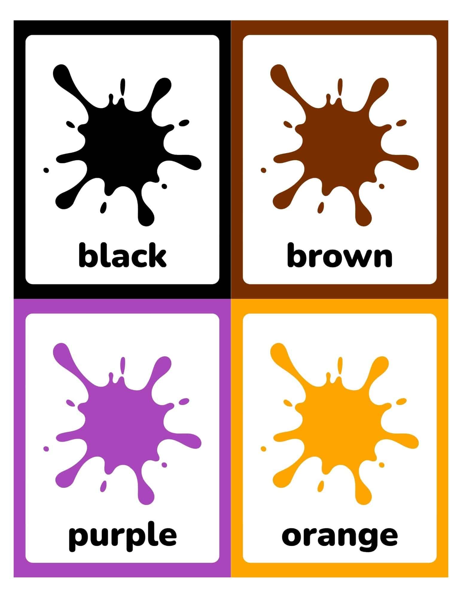 Four rectangular color flashcards arranged in a two-by-two grid showing black, brown, purple, and orange paint splatters with labels.