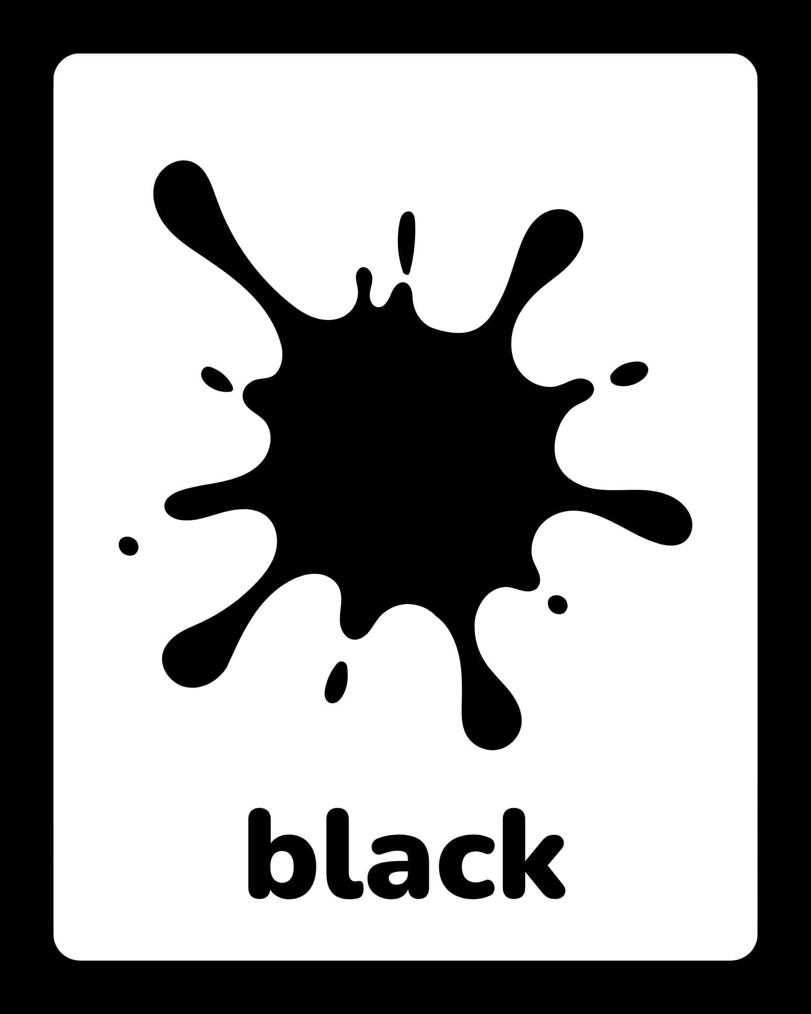 Flashcard with a large black paint splatter graphic centered above the word “black” in bold rounded lowercase letters on a white card with rounded corners.