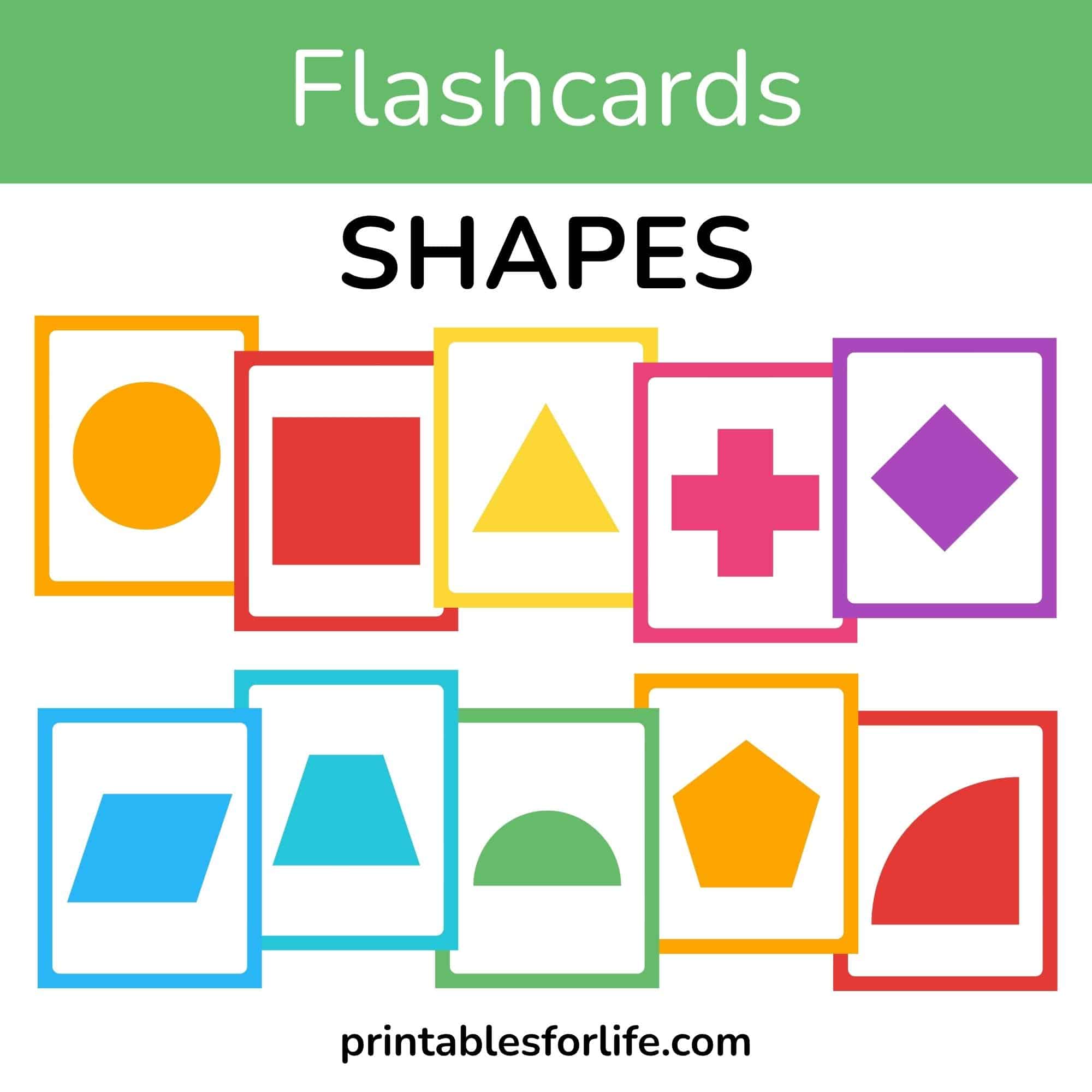 Children’s flashcard sheet titled SHAPES with colorful bordered cards displaying geometric shapes like circle, square, triangle, cross, diamond, pentagon, semicircle.