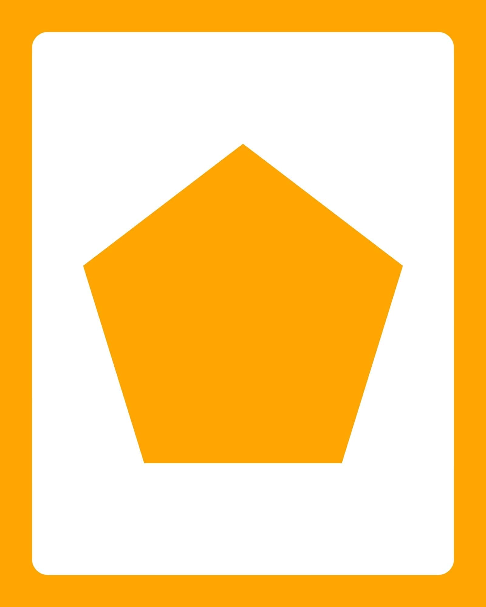 Centered orange pentagon shape on a large white rounded-rectangle panel with an orange border background.