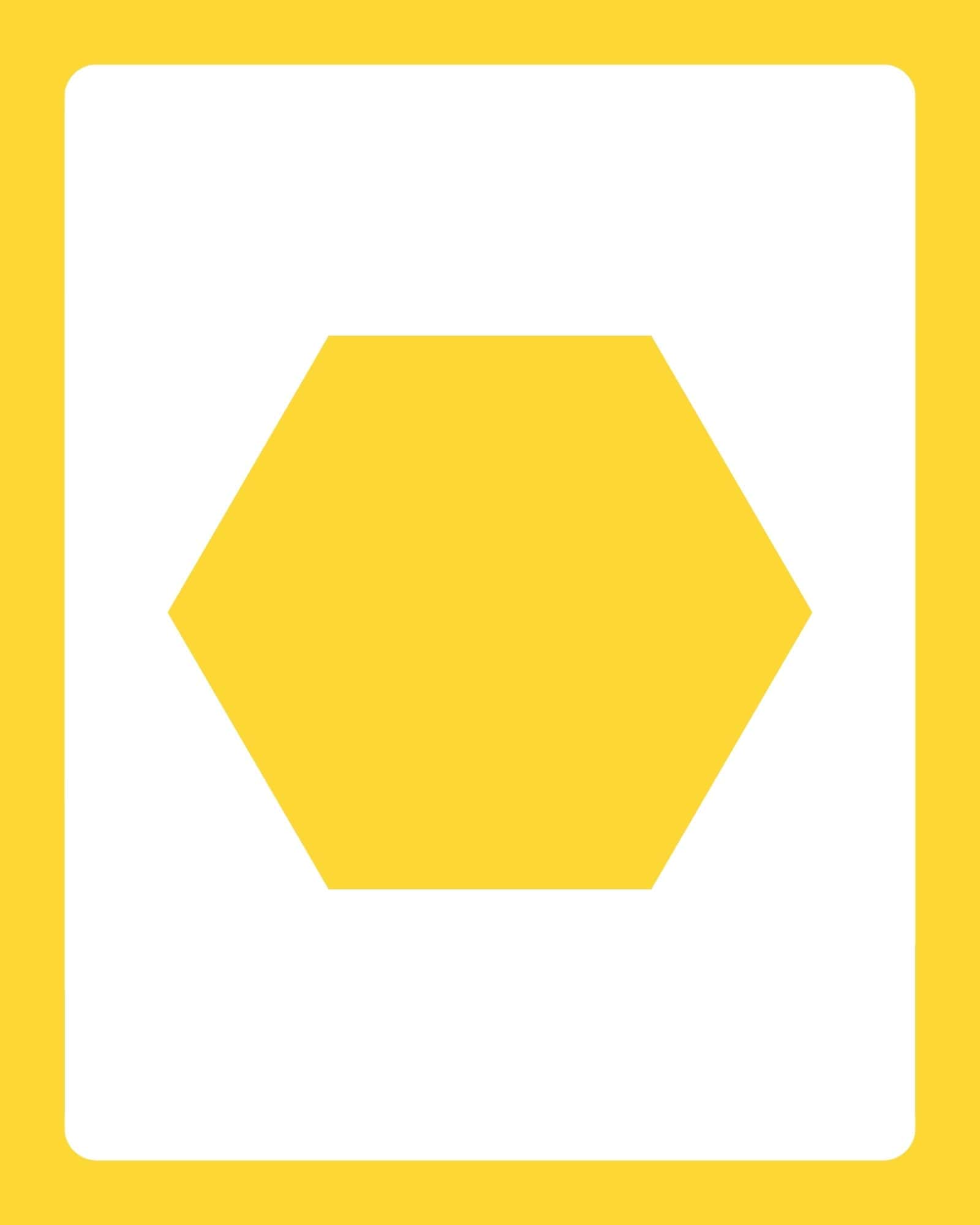 Centered large yellow hexagon on white sheet with rounded corners, set against a bright yellow border background.