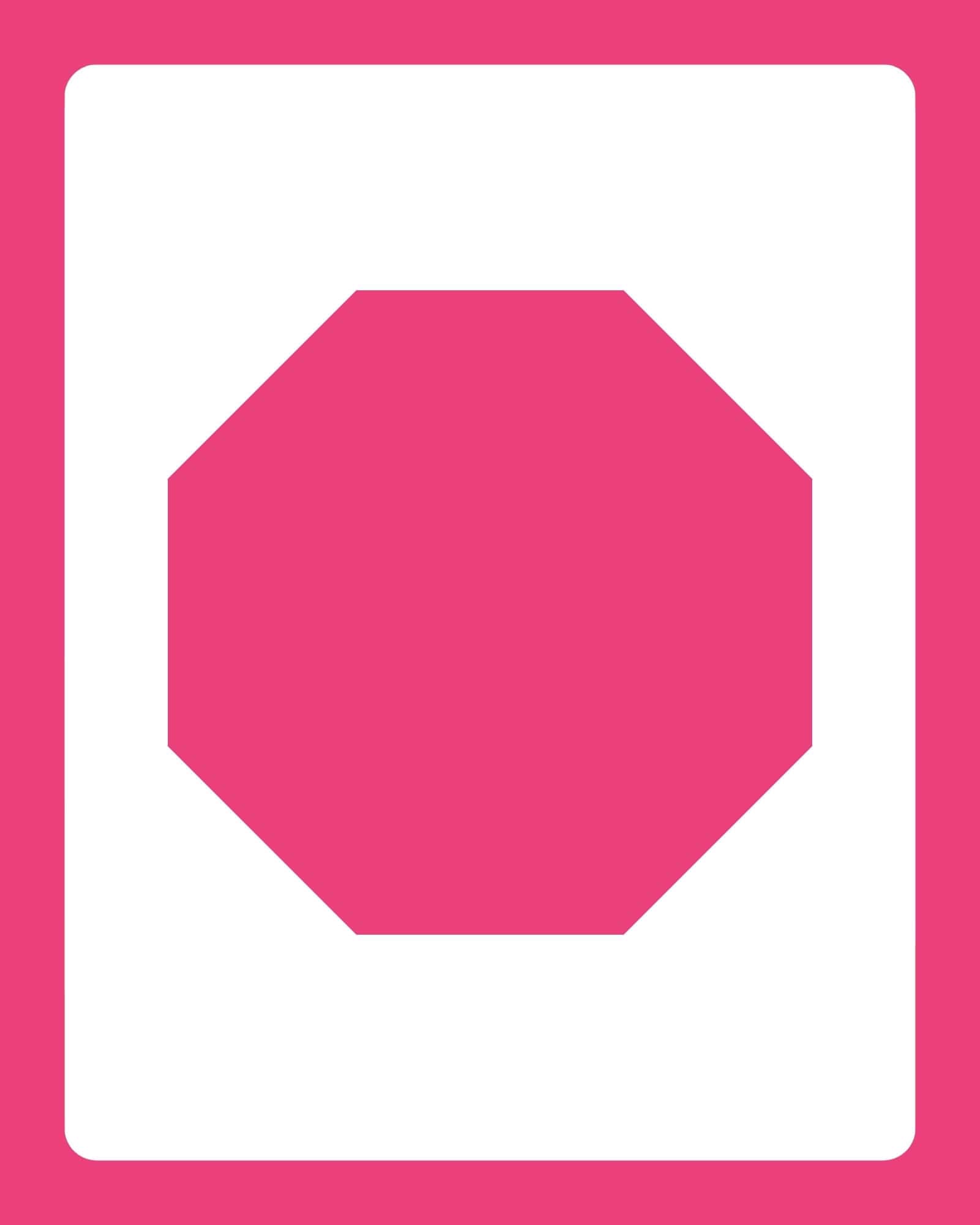 Large white vertical rectangle with rounded corners centered on a magenta background and a magenta octagon shape overlapping its center.