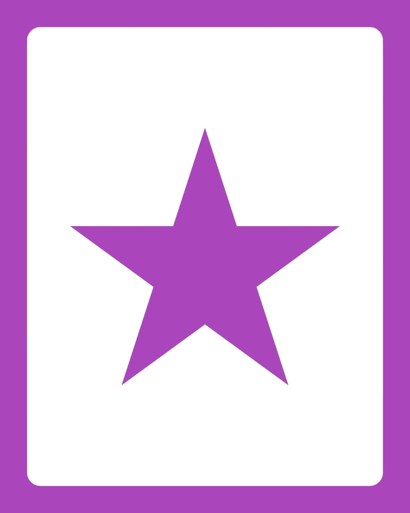 Centered five-point purple star partially visible on a large white card with a rounded-corner purple border.