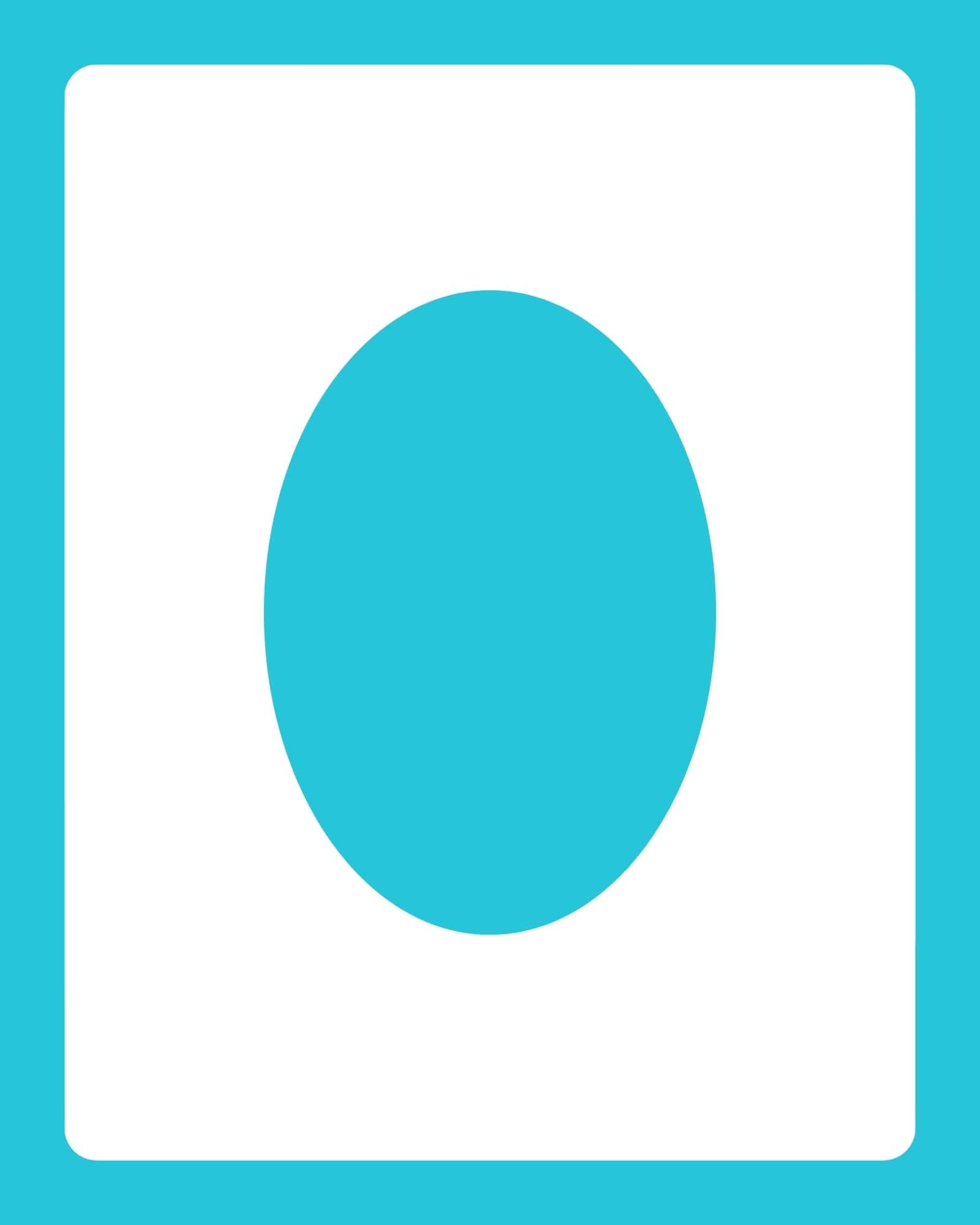 Centered white rectangular card with rounded corners on turquoise background and a large turquoise oval centered on the card.