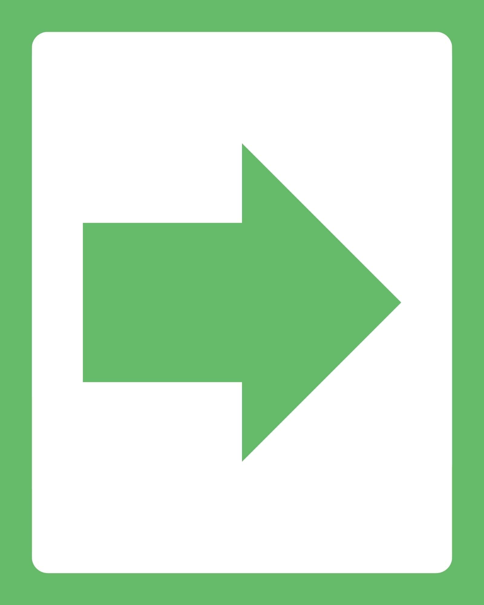Large white rectangle with rounded corners centered on green background and a bold green right-pointing arrow overlapping its right side.