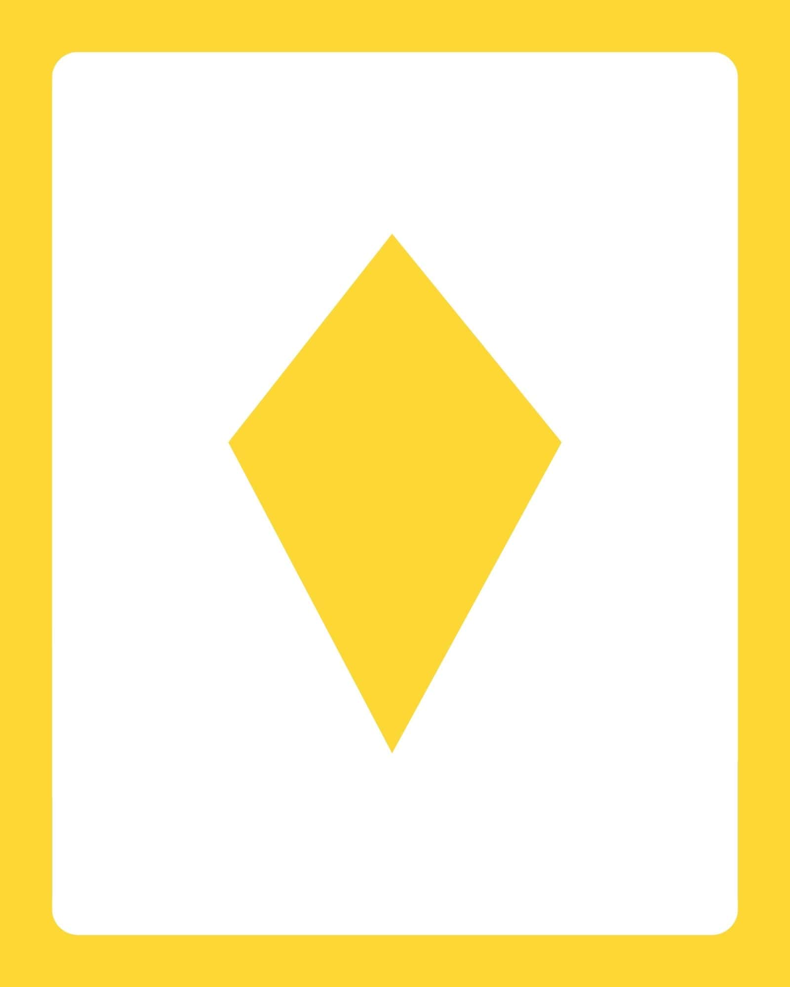 White rectangular card with rounded corners centered on a yellow background, featuring a large centered yellow diamond shape rotated 45°.
