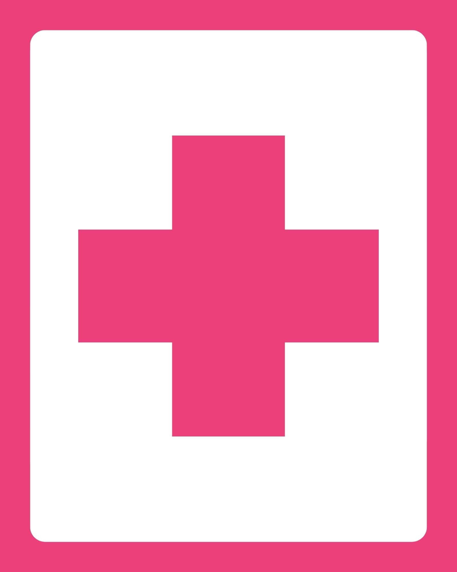 Centered white rectangle with rounded corners containing a large pink medical-style cross extending to the edges on a pink background.
