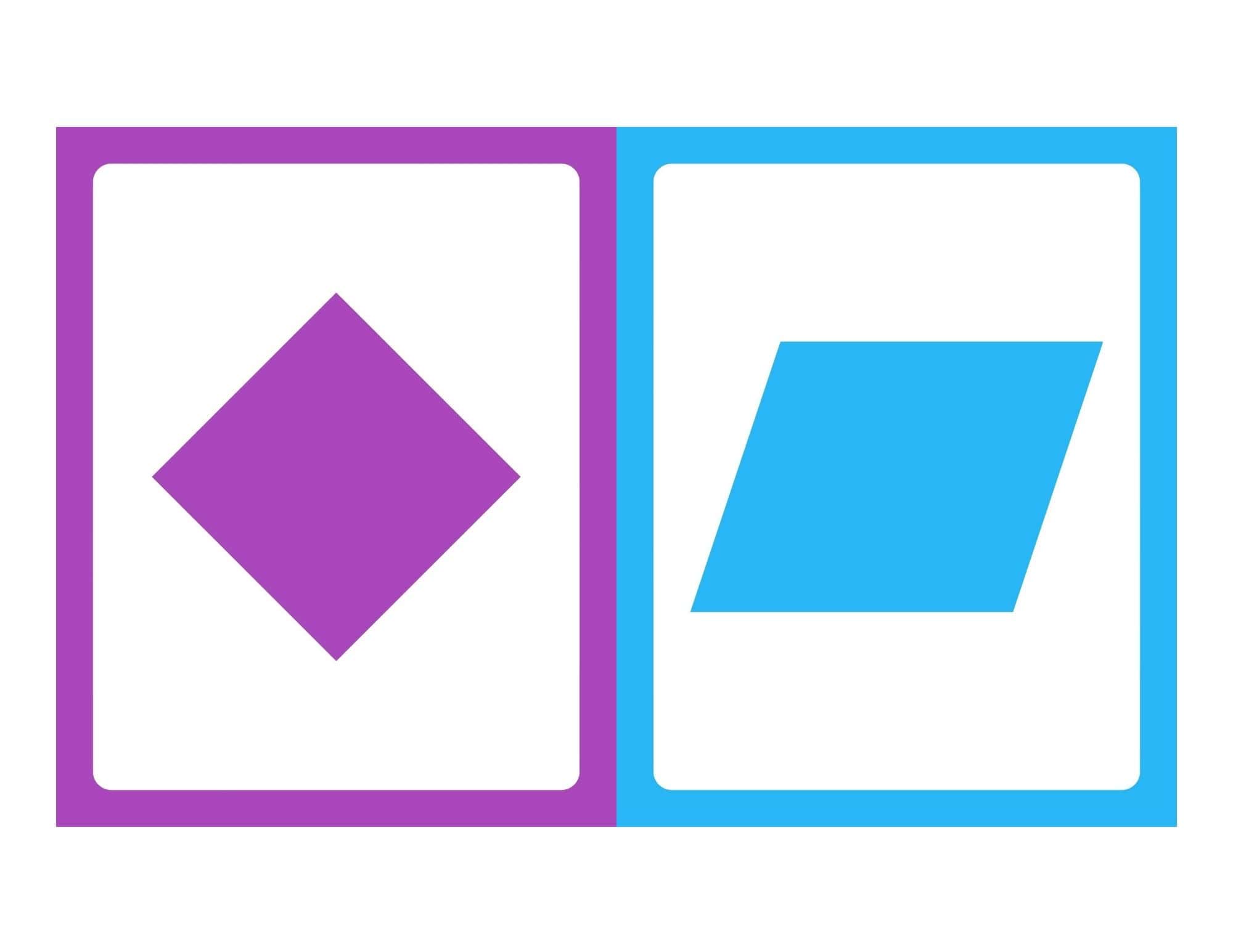Two adjacent vertical cards with rounded white centers: left has a purple diamond, right has a blue slanted parallelogram, thick colored borders.